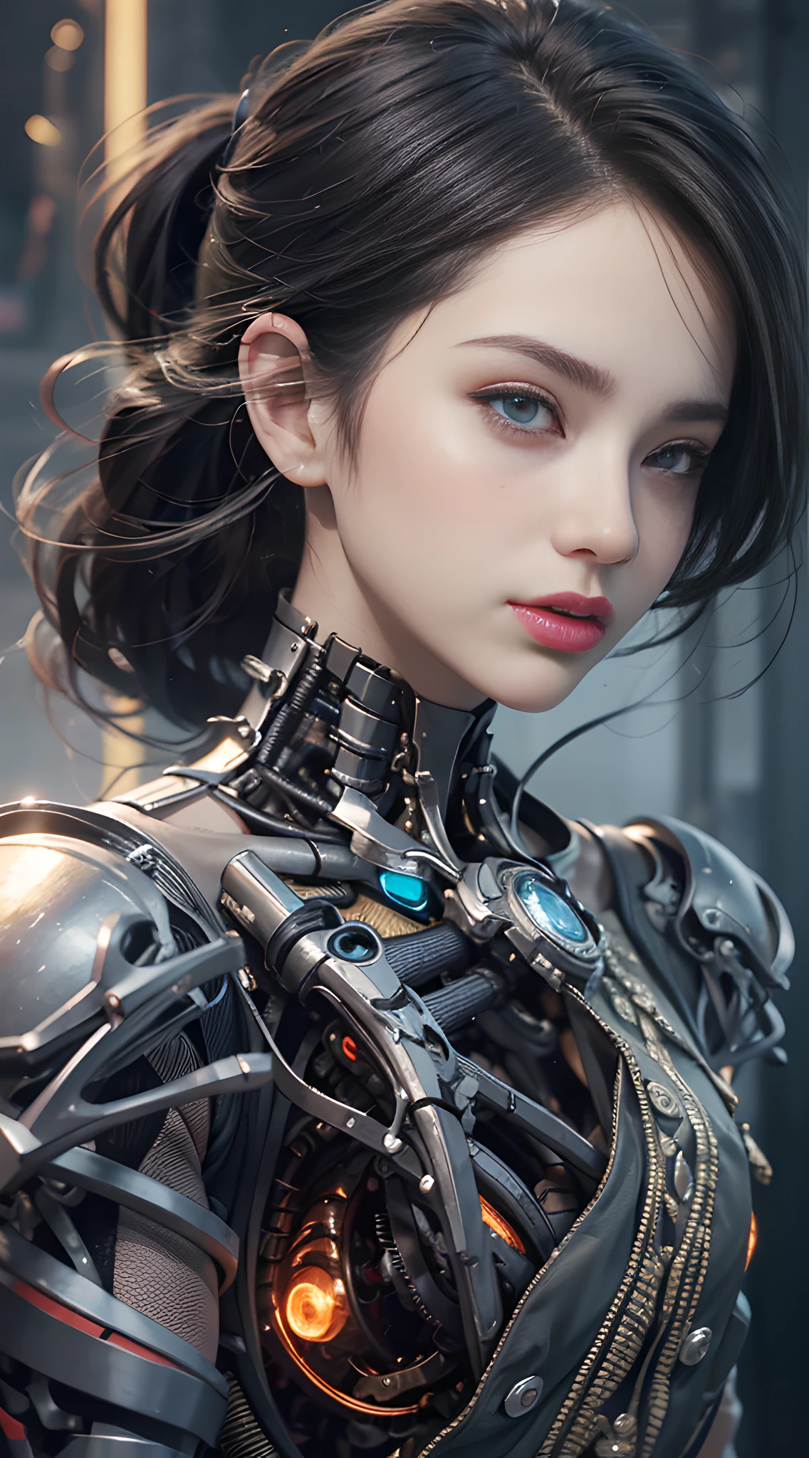 1mechanical girl,((ultra realistic details)), portrait, global illumination, shadows, octane render, 8k, ultra sharp,metal,intricate, ornaments detailed, cold colors, egypician detail, highly intricate details, realistic light, trending on cgsociety, glowing eyes, facing camera, neon details, machanical limbs,blood vessels connected to tubes,mechanical vertebra attaching to back,mechanical cervial attaching to neck,sitting,wires and cables connecting to head