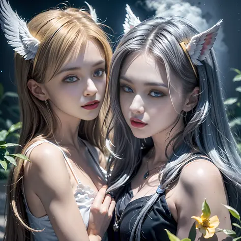 （8K、extreme hight detail、CG Unity wallpapers of the highest quality）,（Sister Angel+Sister Demon），The older sister has long bright silver hair and big blue eyes，Wear a white suit，The wings are transparent and high-quality，Beautiful face，Surrounded by thick ...