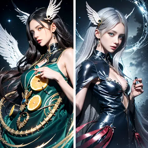 （8K、extreme hight detail、CG Unity wallpapers of the highest quality）,（Sister Angel+Sister Demon），The older sister has long bright silver hair and big blue eyes，Wear a white suit，The wings are transparent and high-quality，Beautiful face，Surrounded by thick ...