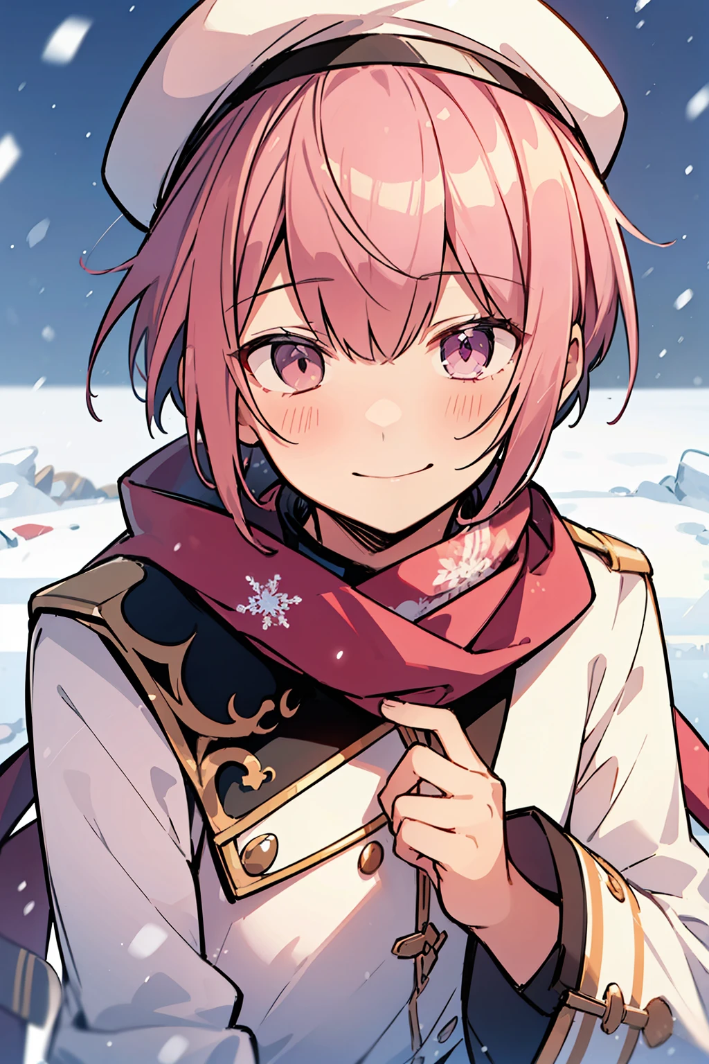 (high-quality, breathtaking),(expressive eyes, perfect face), 1boy, male, solo, short, young boy, light pink hair, pink eyes, smile, white winter outfit, snow, hat, scarf