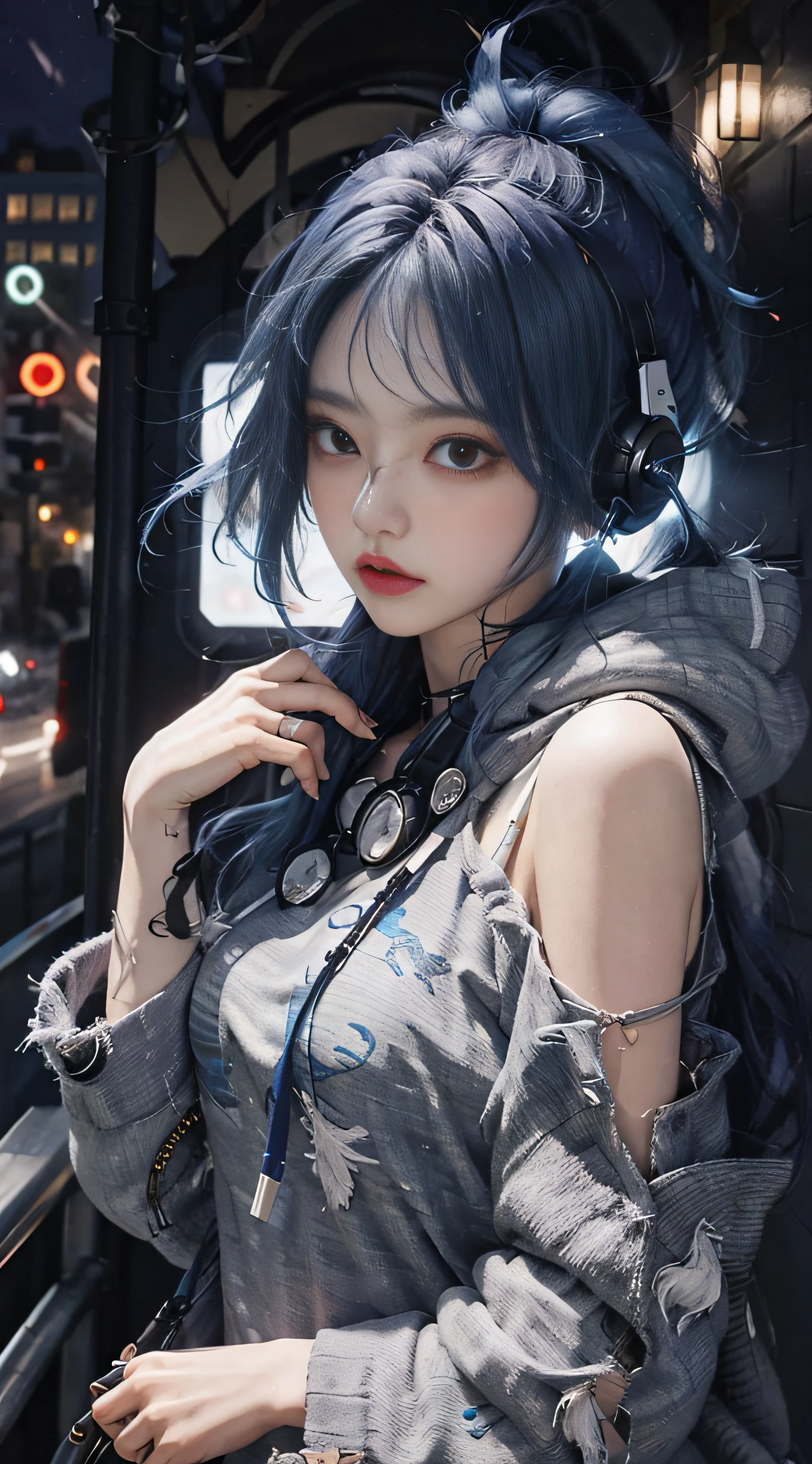 1 girl, hoodie, blue hair, extra long hair, off-the-shoulder, feather hair ornament, headphones around the neck, city, night, outdoors