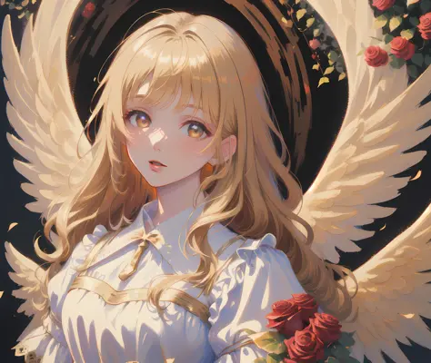 (masterpiece:1.4), (best quality:1.4), (very beautiful angel), long wavy blonde hair, gold eyes, (solo), white dress, ultra deta...