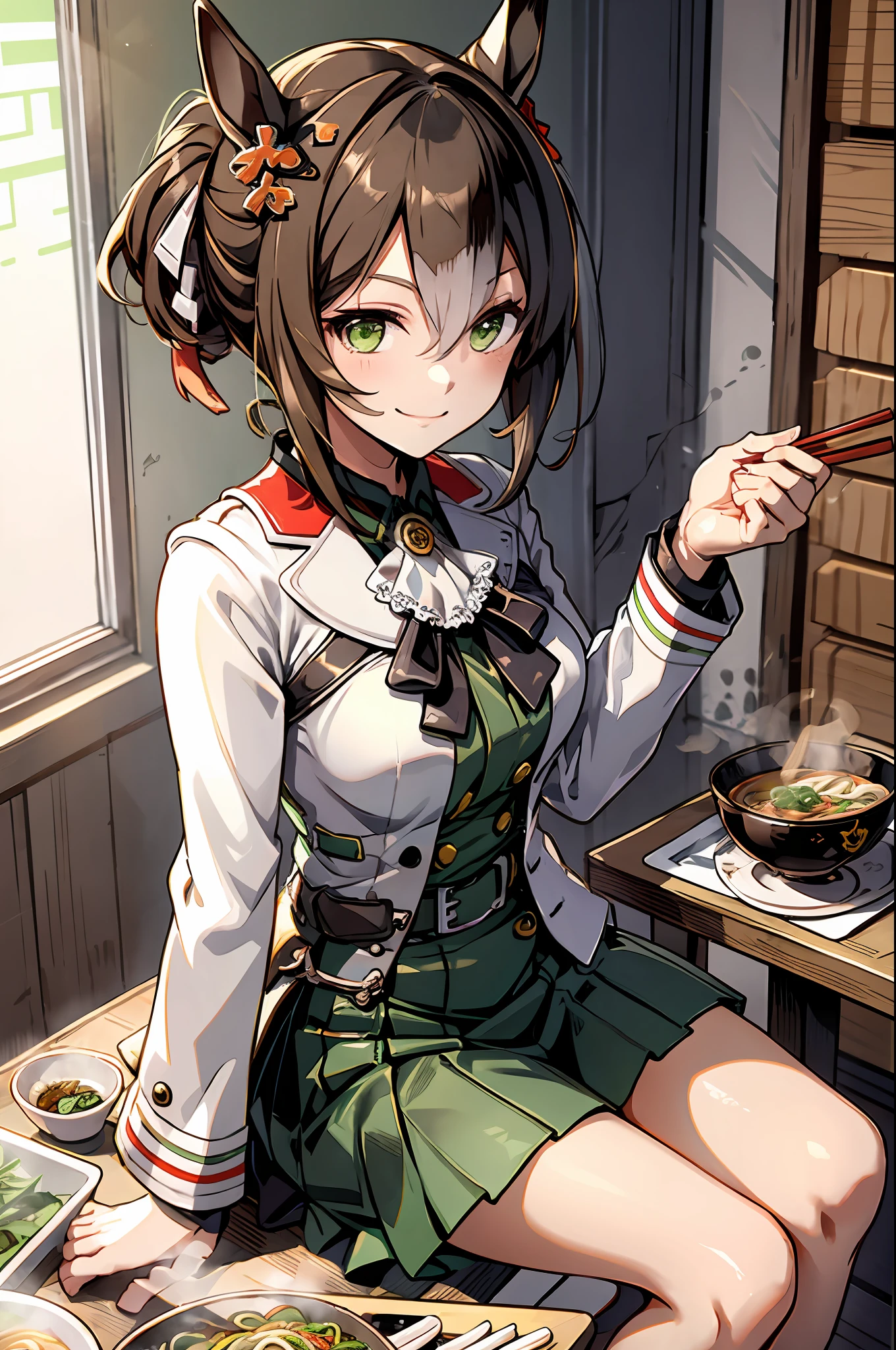 Piezas maestras, mejor calidad, Movimiento fino \(Umamusume\), falda verde, cinturones, informal, Camisa blanca, sonrisa, (Sesión:1.1), holding chopsticks and ramen bol, ramen,(comiendo fideos ramen:1.0), bol, tables