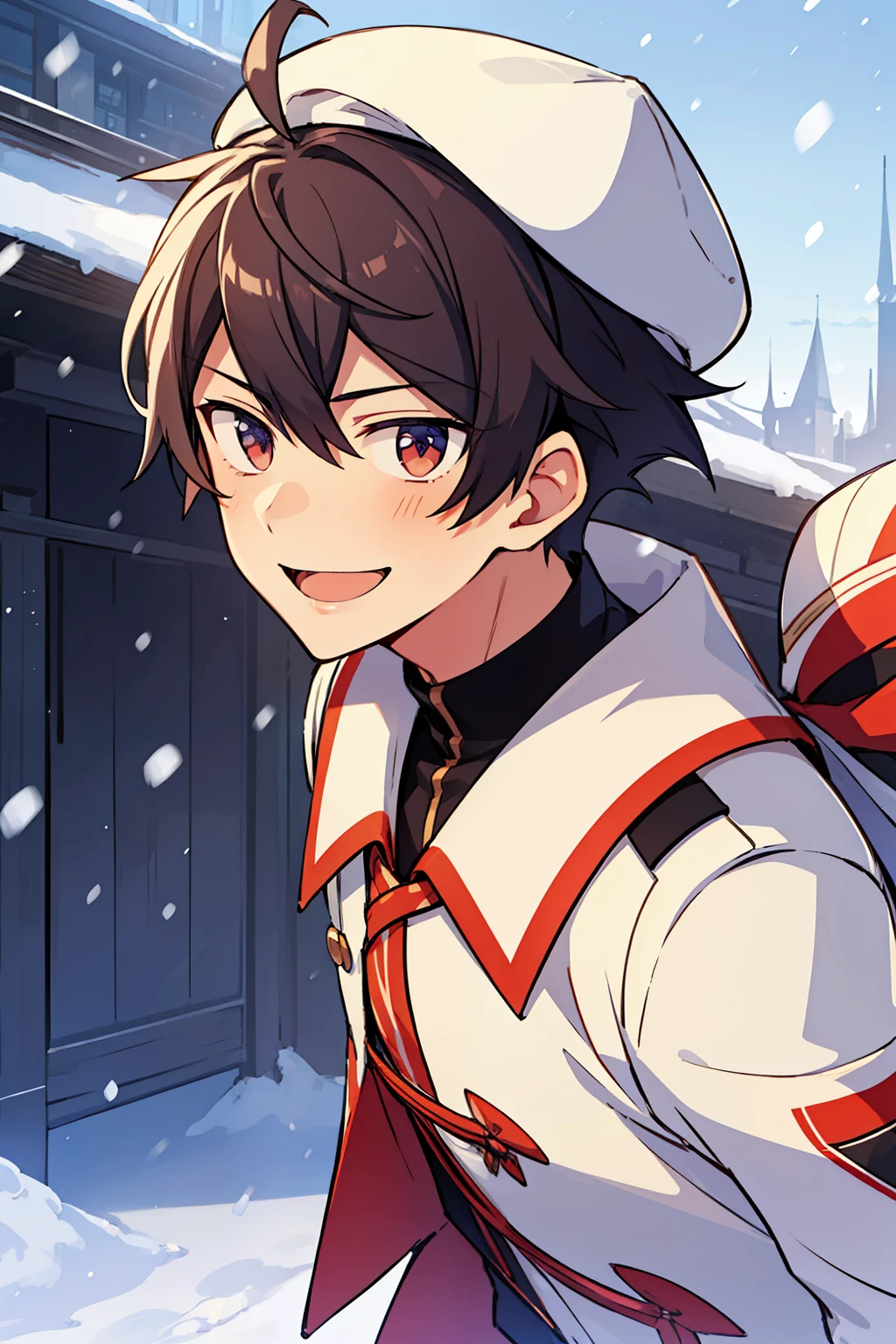 (high-quality, breathtaking),(expressive eyes, perfect face), 1boy, male, solo, short, young boy, brown hair, red eyes, smile, white winter outfit, snow, hat