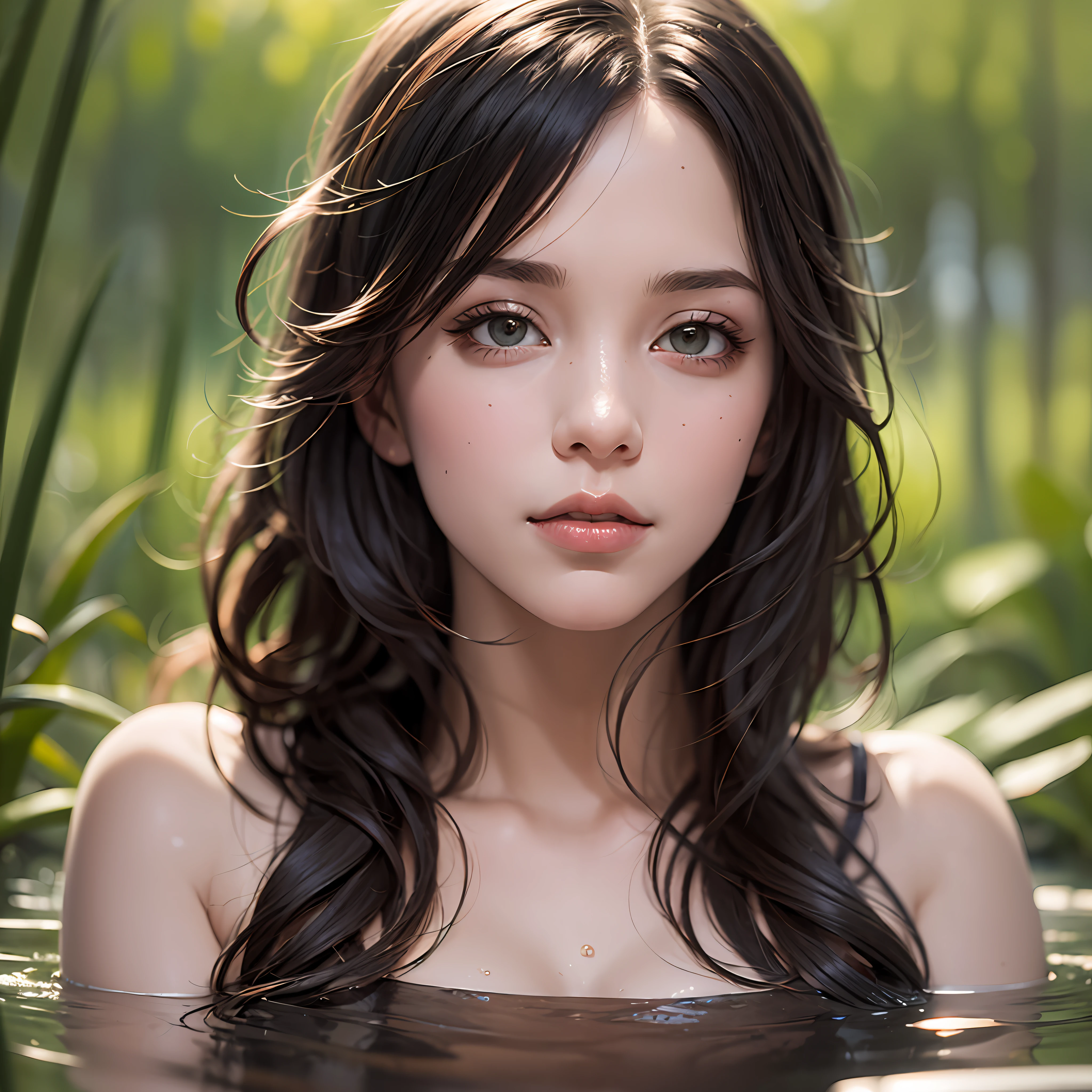 close up portrait of a cute woman (gldot) bathing in a river, reeds, (backlighting), realistic, masterpiece, highest quality, lens flare, shade, bloom, [[chromatic aberration]], by Jeremy Lipking, by Antonio J. Manzanedo, digital painting,