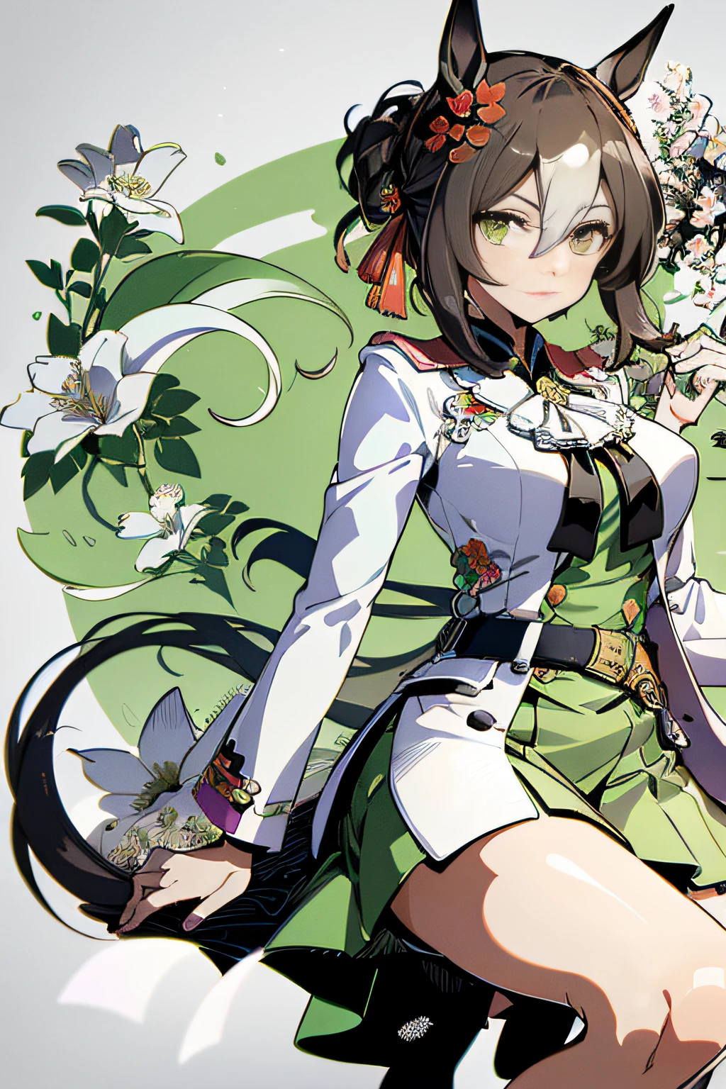 masutepiece, Best quality, Fine Motion \(Umamusume\), Green skirt, Belt, rcasual, White shirt, Horse ears, Horse tail, Extremely detailed,(Fractal Art:1.1),(Colorful:1.1)(Flowers:1.3),highest details,(Zentangle:1.2), (Dynamic Pose), (Abstract background:1.3), (Chinese Traditional Cloth:1.2), (Shiny skin), (Many colors:1.4),