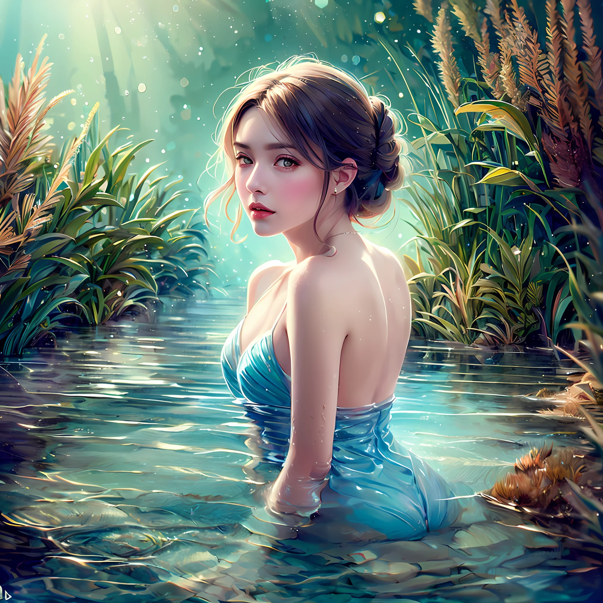 a beautiful mature woman (gldot) bathing in a river, girl half body drowning in the water, reeds, (back lighting), realistic, masterpiece, highest quality, lens flare, shade, bloom, [[chromatic aberration]], by Jeremy Lipking, digital painting,