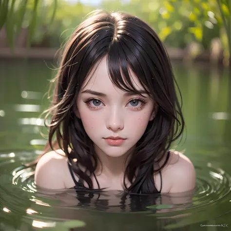 close up portrait of a cute woman (gldot) bathing in a river, girl half body drowning in the water, reeds, (backlighting), reali...