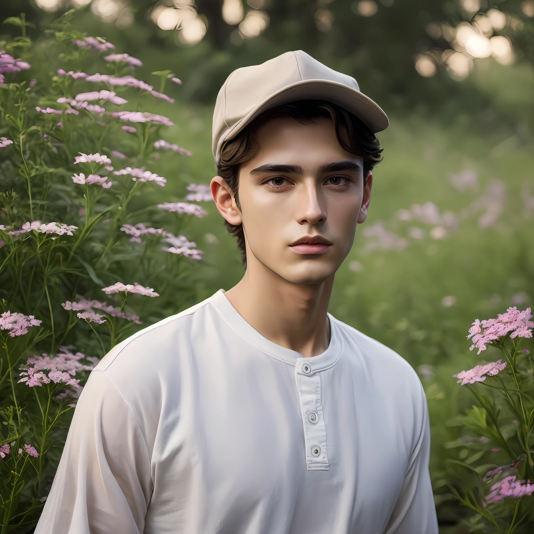 RAW photo ,fashion photoshoot, 1Man, ((male model inspired by young mixed Sean O’Pry)), (photorealistic:1.4), (full body short), ((full body picture:1.5)), (outdoor magazine cover shoot), attractive man 18~22 years old aesthetic, (masculine appearance), oblong face shape, symmetric face, symmetric body, handsome young man, slim, lean and fit body, ruggedly, walk at wide meadow, wild colorful flowers, wearing a fashionable simple linen cloth, pastel color or earth tone color, sneaker, hat, ((cloth by Christian Dior)), Dior Men's Collection by Kim Jones, close bottom shirt, perfect body, (Male Focus), natural flesh tones, soft light, highly detailed, healthy skin, masterpiece, best quality, intricate details, dramatic composition, realism, high-quality rendering, stunning art, high quality, film grain, insanely detailed, super cute, dynamic pose, seductive, dramatic lighting, full body shot, youthful, body without hair, skinny thin and tall, firm and fit body, dominant, Caucasian or white skin, high definition, natural flesh tones, soft light, highly detailed, ((looking at viewer)), photography, detailed skin, real person, photo-realistic, insanely detailed, face detail, hype maximalist, hype hyperrealism, cinematic, telephoto, lighting intricate details, highly detailed, highly detailed, digital painting, attestation, concept art, smooth, sharp focus, Unreal Engine 5, 8K, art by Ross Tran and greg rutkowski and alphonse Mucha, UHD, 8k, dim lighting, high quality, film grain, Fujifilm XT3, most handsome man in the world, wild colorful flowers with faint mist background,--sameseed