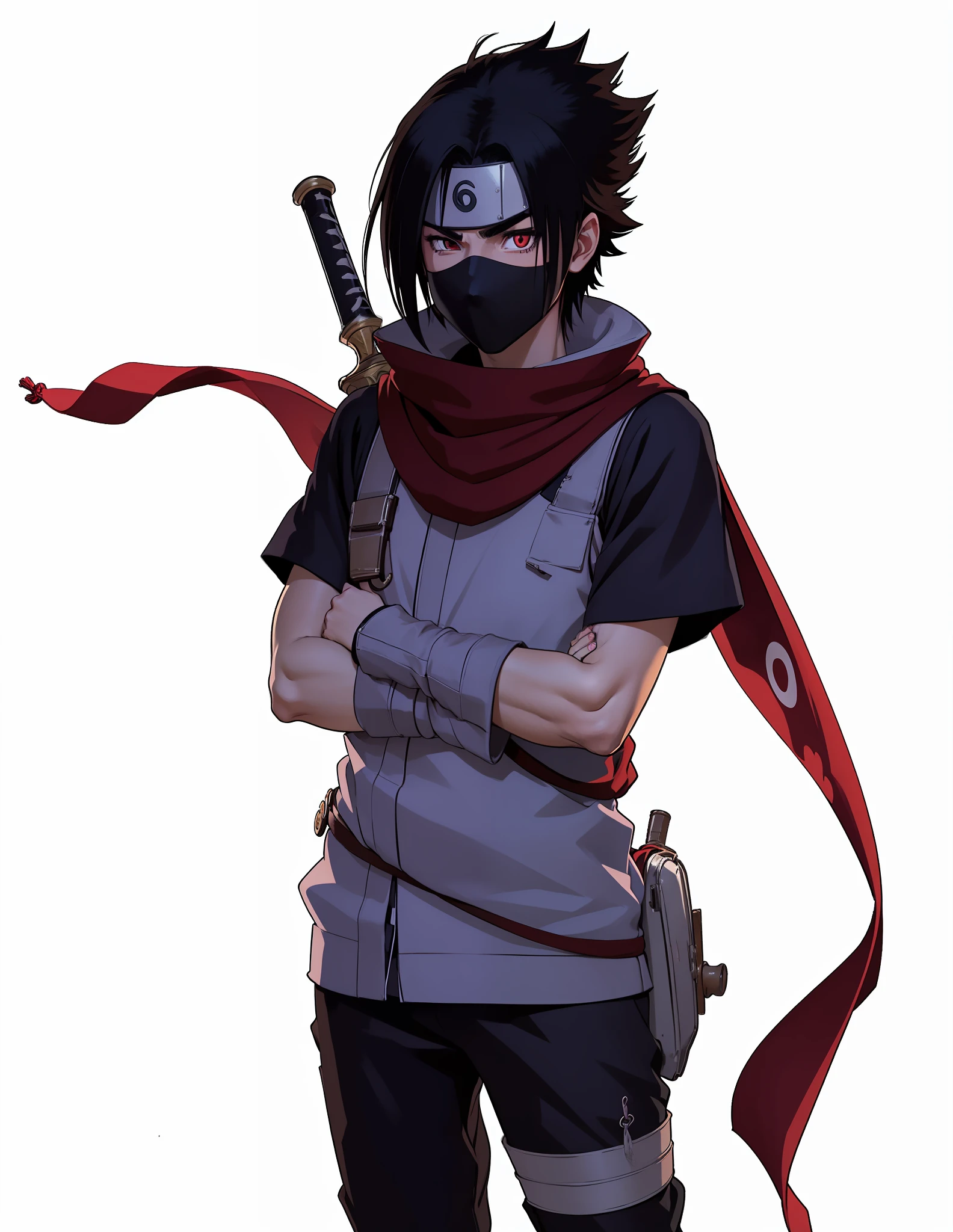 Young men，frontage，Iron padding，Ninja costumes，Remove the trim at the waist，Red scarf removed，Mouth repaint，Sword eyebrows，Standard anime eyes，The eyes are red inlaid with three jade jade and a black dot in the center