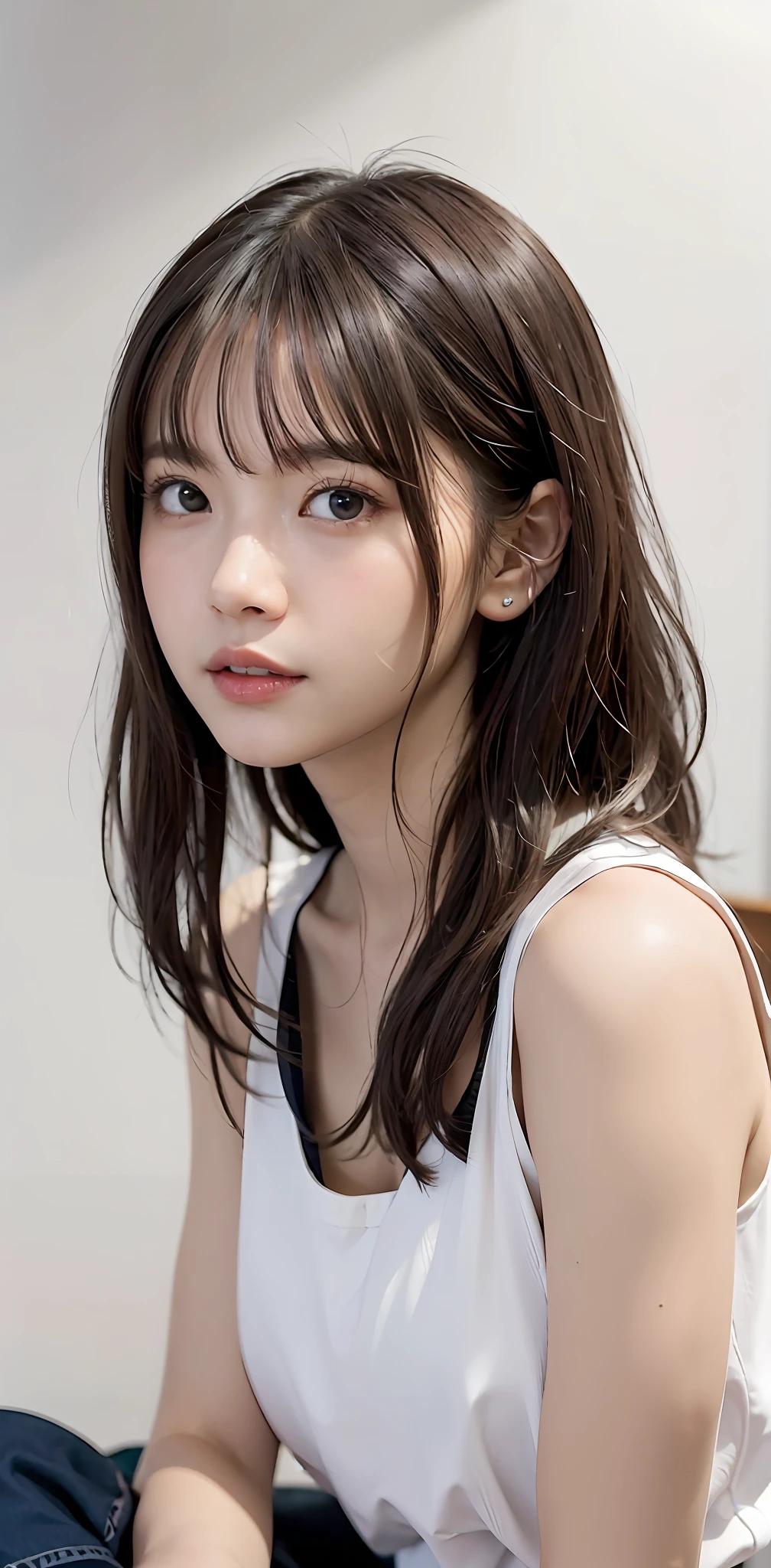 ((​masterpiece、1 beautiful girl、Detailed eye、Shorthair with bangs、neck long、Put your ears out))、big eye、Distinct double eyelids、((beste-Qualit, Super-High Resolution)), (Realisticity: 1.4), OriginalPhotographs, 1girl in,cinematlic lighting、japanes、Asian Beauty、Korea person、Super beauty、Beautiful skin、very Bigger breasts、A slender、The body is facing forward、(A hyper-realistic)、(hight resolution)、(8K)、(highly detaile)、(Best Illustration)、(beautifully detailed eyes)、(ultra-detailliert)、detailed face with、looki at viewer、Facing straight ahead、neat and clean clothes、Sleeveless、short-hair、A dark-haired、46-point diagonal bangs、Background is really nothing but pure white background、neat atmosphere、