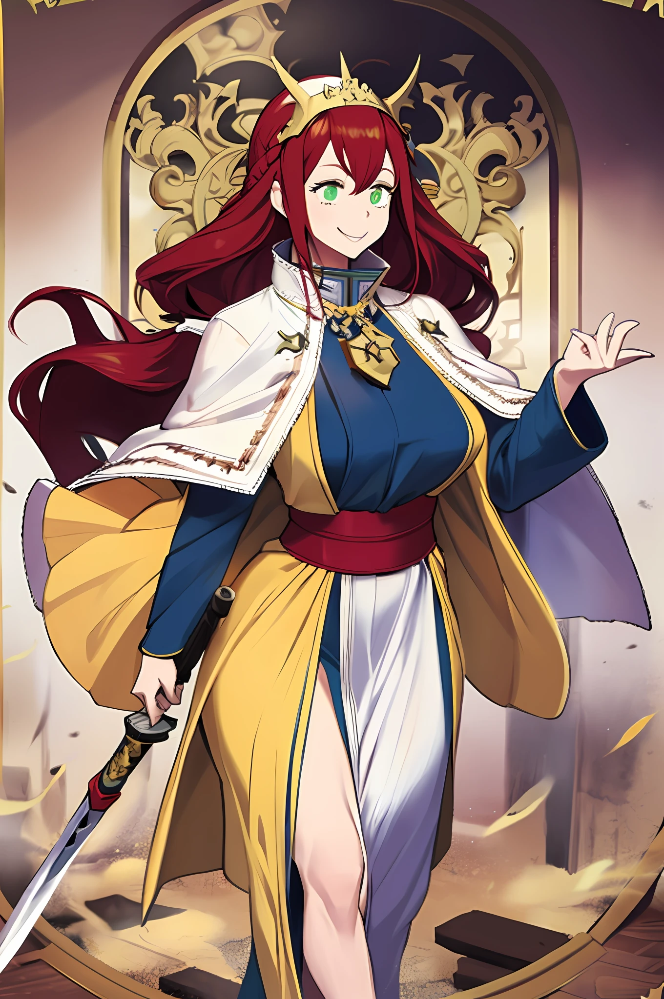 tsubaki yayoioi , blazblue, cabello rojo, ojos verdes, pelo largo, mujer alta, guerrero, espada, medieval, trenzas gemelas, sacerdotisa, santo, santo helmet, pechos medianos, capa amarilla, casco estilizado, sonrisa ligera, cuerpo completo, oro,paños europeos, medieval , Inglaterra, cuerpo completo, cristiano, Caminando, Solo enfoque, sosteniendo arma, Falda larga