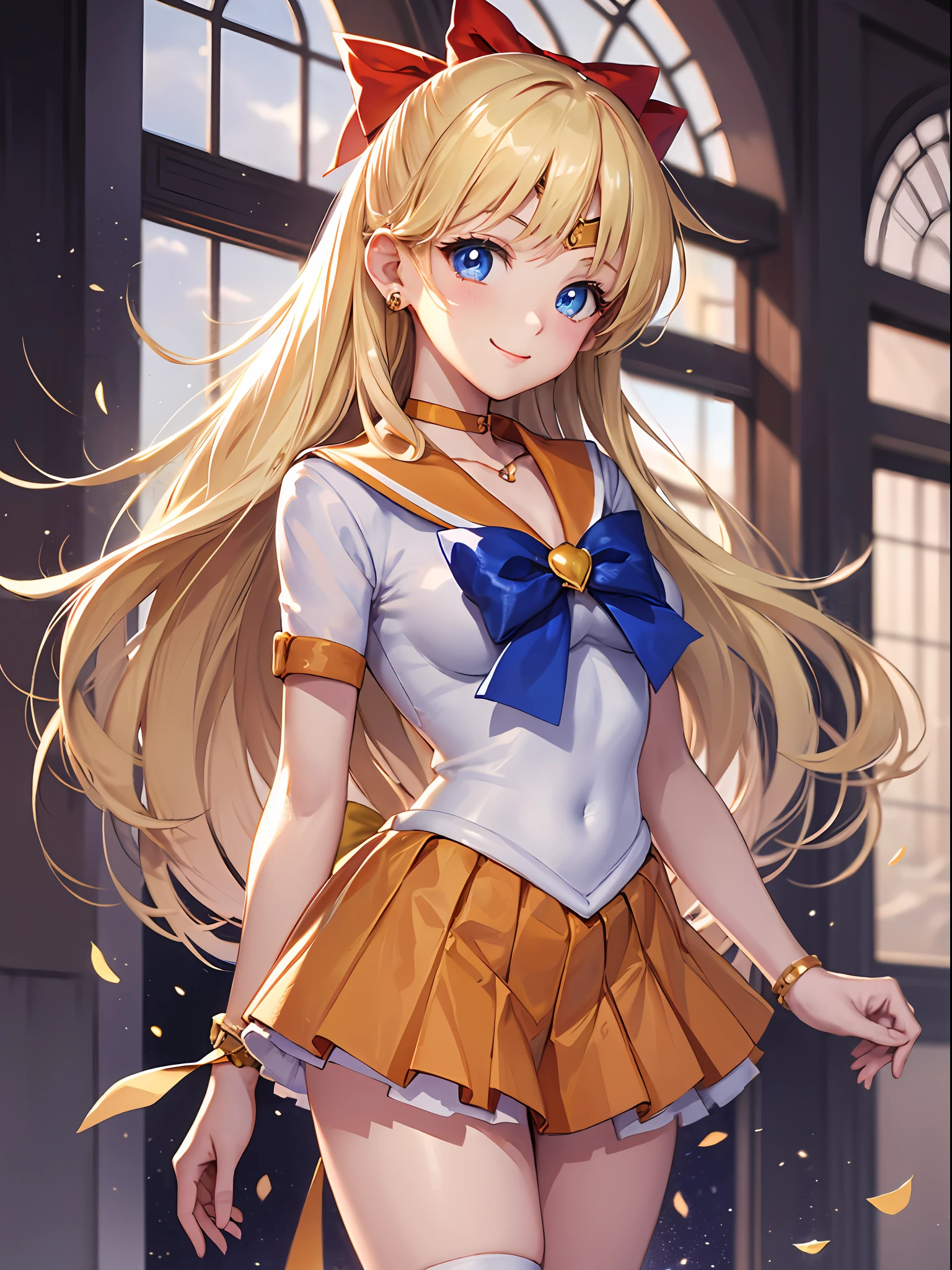 ​masterpiece, beste-Qualit, Hi-Res, venus1, 1girl in, solo, low angles,Sailor Senshi Uniform, sailorvenus, Minako Aino, blonde  hair, magical , blue eyess, panchira, Orange skirt,elbowgloves, tierra, pleatedskirt, Hair Ribbon, orangesailorcollar, , a choker, Gold Chain, orangechoker, white glove, verylonghair, jewely, Cowboy Shot, 耳Nipple Ring,  a smile,