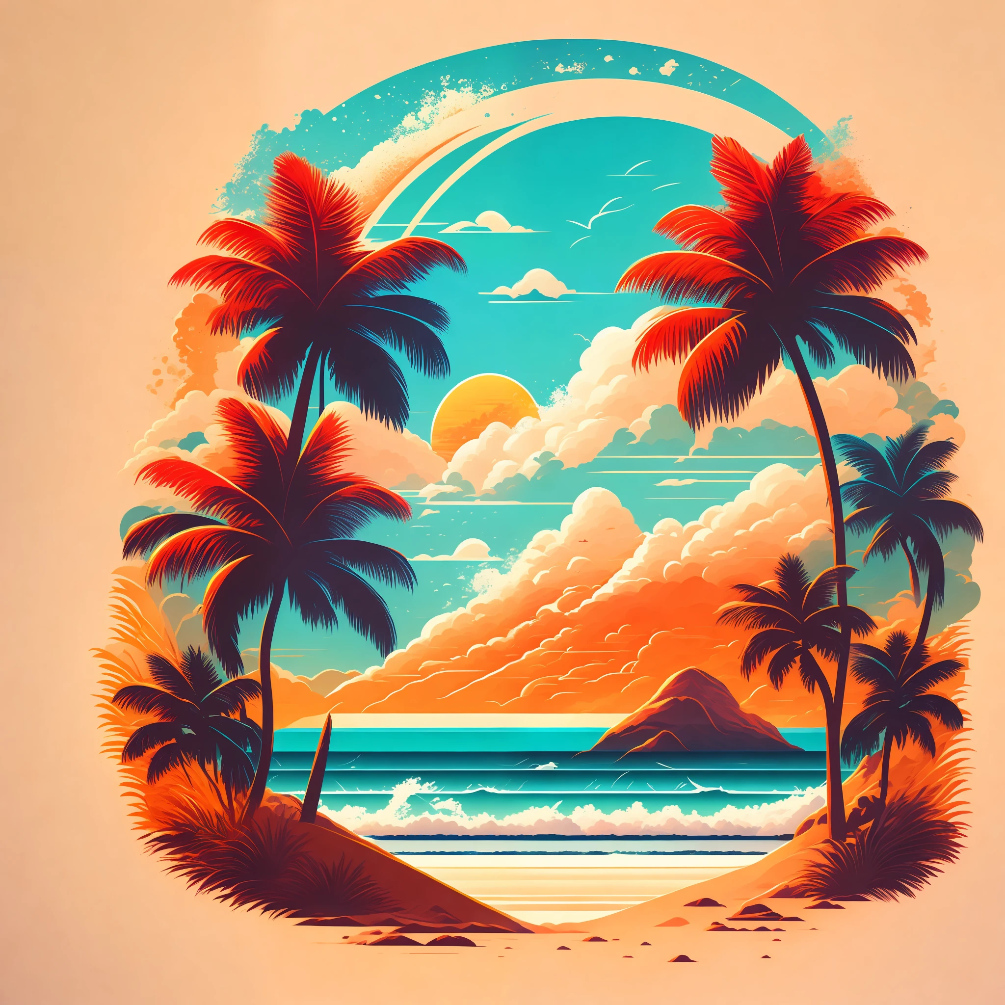 Uma praia em uma paisagem de verão, Design de camiseta, meio da jornada, arte vetorial