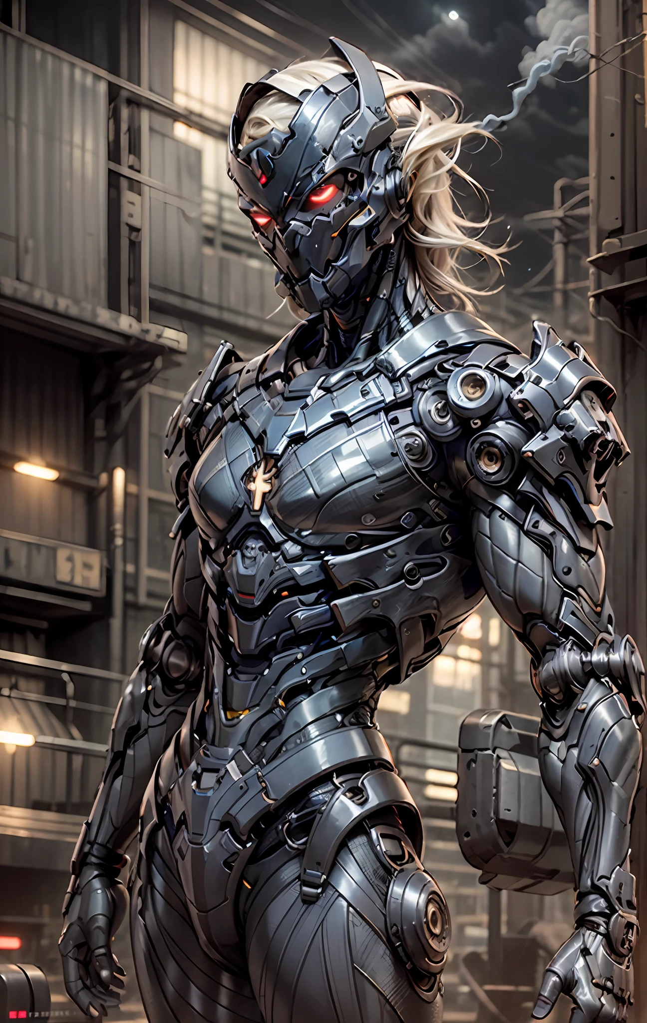 une belle femme guerrière cyborg dans le Style-RustMagic, augmentation cyberpunk, Cyberware, cyborg, fibre de carbone, chrome, implants, crâne en métal, Cyber-armure de plaques, (atmosphère sombre:1.2), (Brouillard & Fumée), (nuit noire:1.3), cicatrices, (cheveux foncés mi-longs ébouriffés:1.1), (le fard à paupières:1.1), (lueur magnifiquement détaillée:1.2), (éclairage cinématographique), détail complexe, haute résolution, Yeux arrondis, Caractéristiques détaillées du visage, netteté, lisse, esthétique, Fond d&#39;usine industrielle sombre et détaillé, pose élégante, pose dynamique, (peinture dramatique), (OPT-6000:0.9), masqué, spandex bleu à rayures rouges