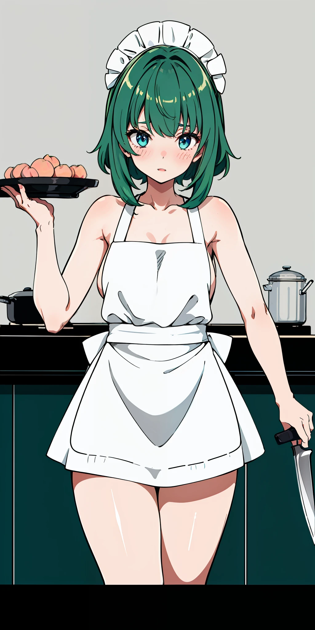 1girl, solo, masterpiece, highest quality, 8k, , kitchen background, naked apron, bare legs, sexy legs, bewitching thighs, blushing slightly, sfw, thick thighs, holding kitchen knife on each hand facing a turkey on plate half cooked, green hair, blue eyes, peach skin, black and white apron,