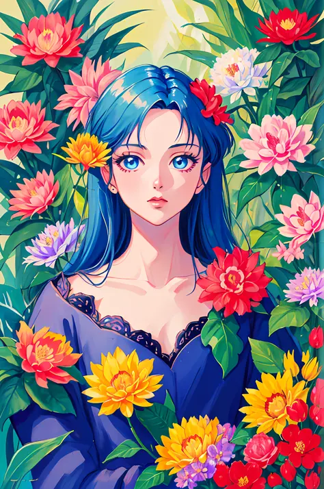 flower,colorful,portrait,half body, a girl, anime illustration, 90s,color splash,detailed eyes, perfect features, (masterpiece),...