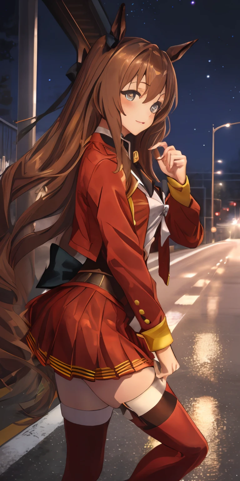 masterpiece, best quality, close up face shot, driving, sports car,
maruzensky \(umamusume\),
red thighhighs, red jacket, pleated skirt, red skirt, long sleeves, choker, red shirt, open jacket, white bow, open clothes, high heel boots
asphalt road,  night sky, neon,