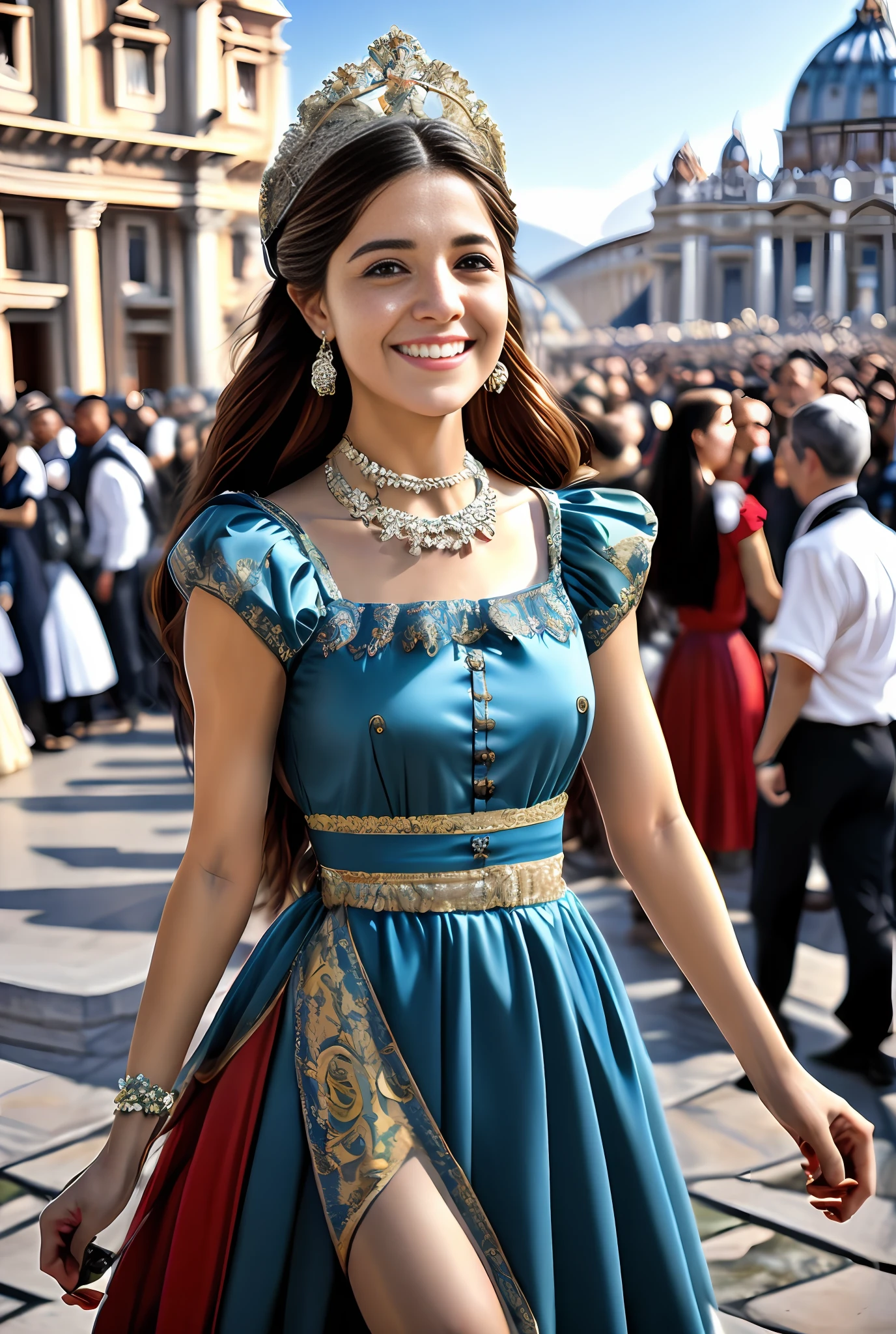 (Masterpiece, Best quality, Realistic),
1girl,(on the St. Peter's Square of Vatican,crowd of), Saint. Peter's Square of Vatican background,gypsy dress,(Princess Eyes,shiny pupils),Dancing,banquet, crowd, picking up skirt,
[Slight smile],