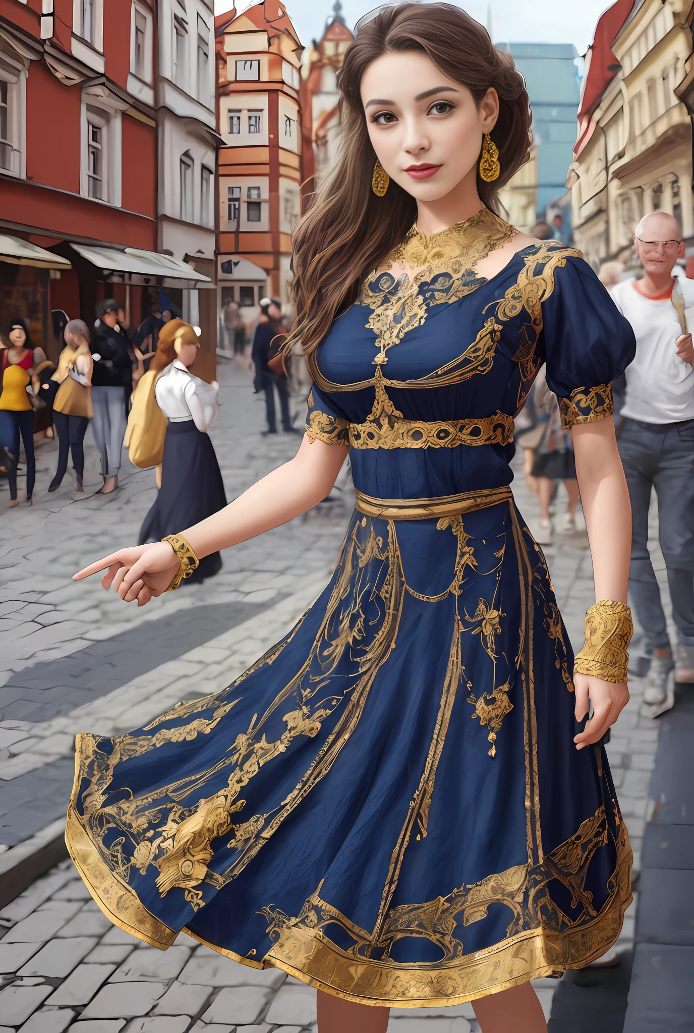 (Obra de arte, melhor qualidade, realista),
1 garota,Fundo da Praça da Cidade Velha de Praga, vestido cigano, dançando, intricado, vestido azul escuro, ouro, pessoa cigana, Banquete, multidão, pegando saia,pele pálida,
[leve sorriso],
