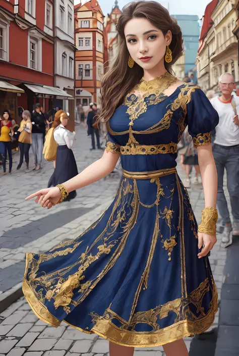 (masterpiece, best quality, realistic),
1girl,Prague Old Town Square background, gypsy dress, dancing, intricate, dark blue dres...