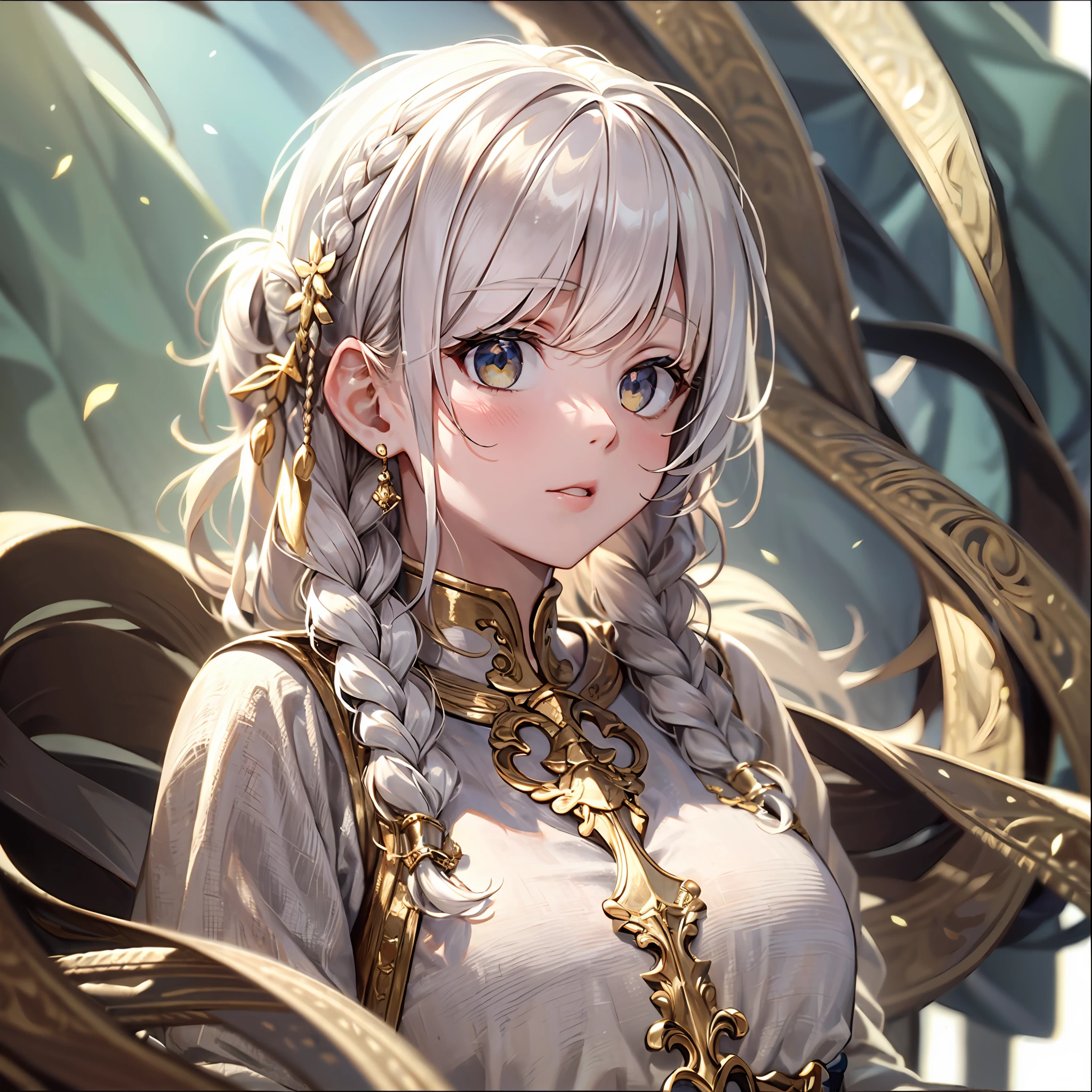 best quality, masterpiece,white hair, gold eyes,white clothes, looking up, upper body,hair strand,Fair skin,side braids