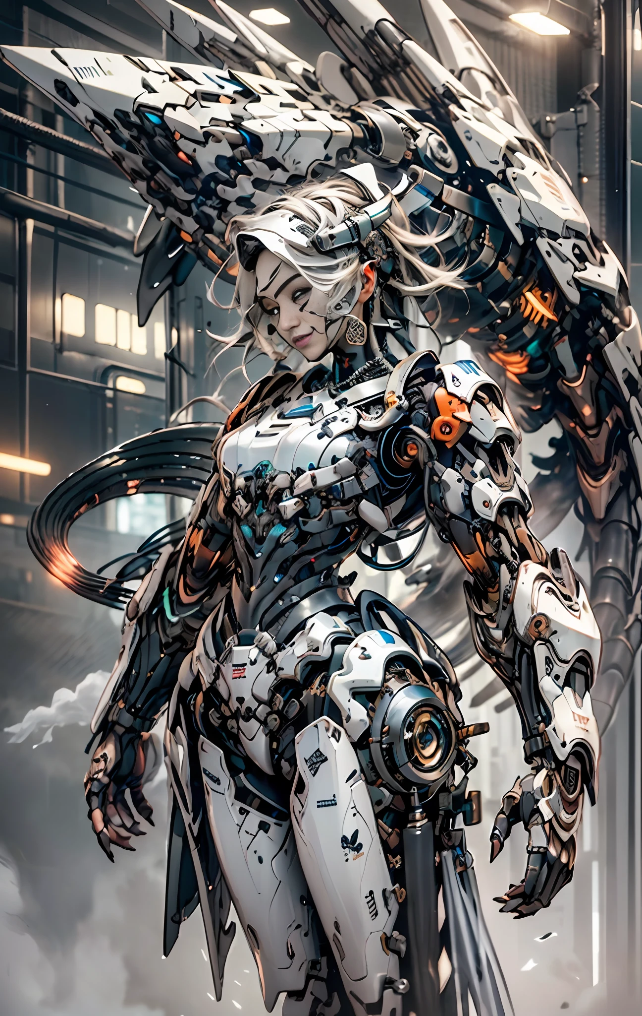 a beautiful woman cyborg warrior in the Style-RustMagic, cyberpunk augmentation, cyberware, cyborg, carbon fiber, chrome, implants, metal skull, cyber plate armor, (dark atmosphere:1.2), (fog & smoke), (dark night:1.3), scars, (dark medium length disheveled hair:1.1), (eyeshadow:1.1), (beautifully detailed glow:1.2), (Cinematic lighting), intricate detail, highres, rounded eyes, detailed facial features, sharp focus, smooth, aesthetic, detailed dark industrial factory background, stylish pose, dynamic pose, (dramapaint), (opt-6000:0.9), masked