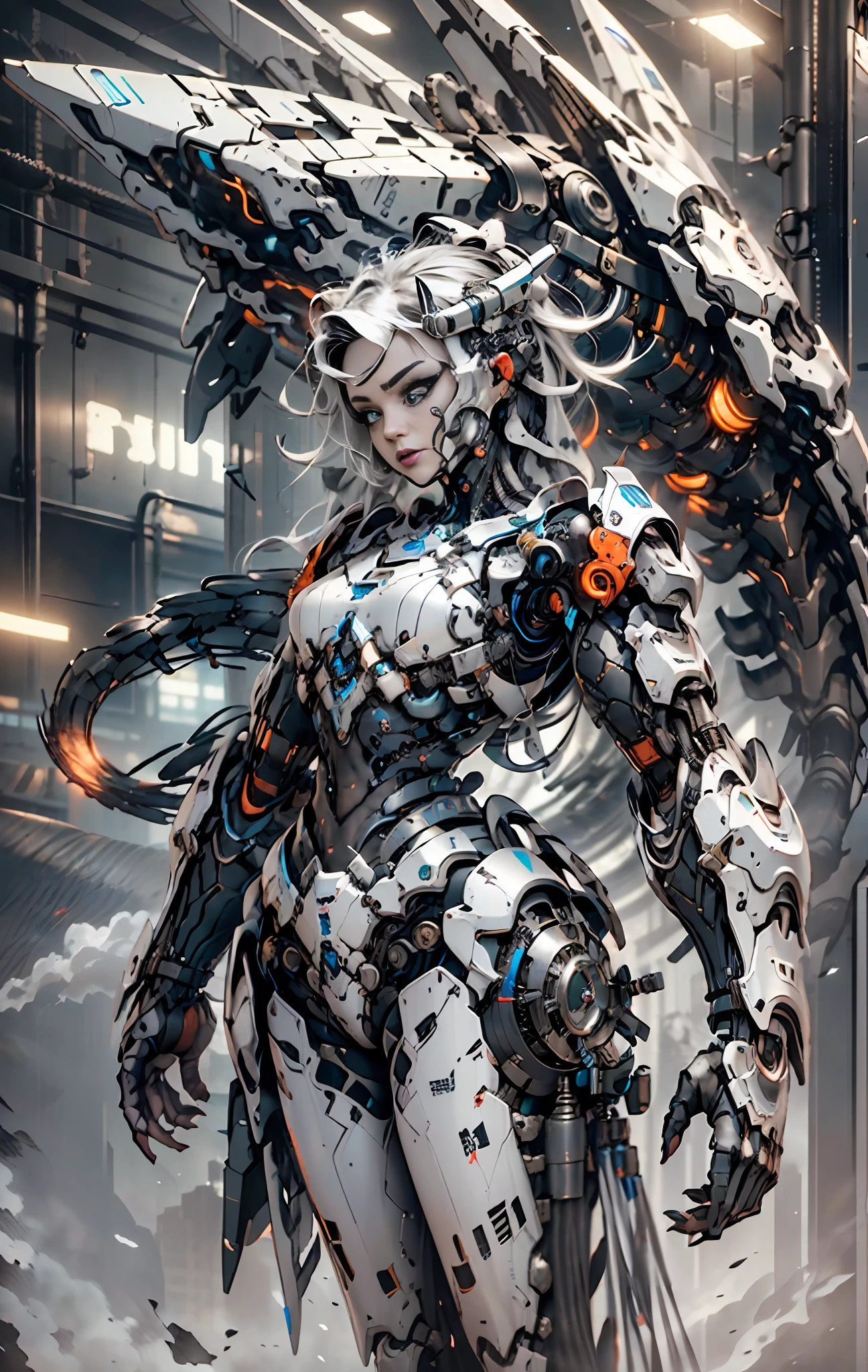 eine wunderschöne Cyborg-Kriegerin im Style-RustMagic, cyberpunk augmentation, cyberware, cyborg, Kohlefaser, Chrom, Implantate, Metallschädel, Cyber-Plattenrüstung, (Dunkle Atmosphäre:1.2), (Nebel & Rauch), (Dunkle Nacht:1.3), Narben, (dunkles mittellanges zerzaustes Haar:1.1), (Lidschatten:1.1), (SCHÖN DETAILLIERTES GLÄNZEN:1.2), (filmische Beleuchtung), komplizierte Details, highres, runde Augen, detaillierte Gesichtszüge, scharfer Fokus, glatt, ästhetisch, detaillierter dunkler industrieller Fabrikhintergrund, Stilvolle Pose, dynamische pose, (Abonnieren), (opt-6000:0.9), maskiert