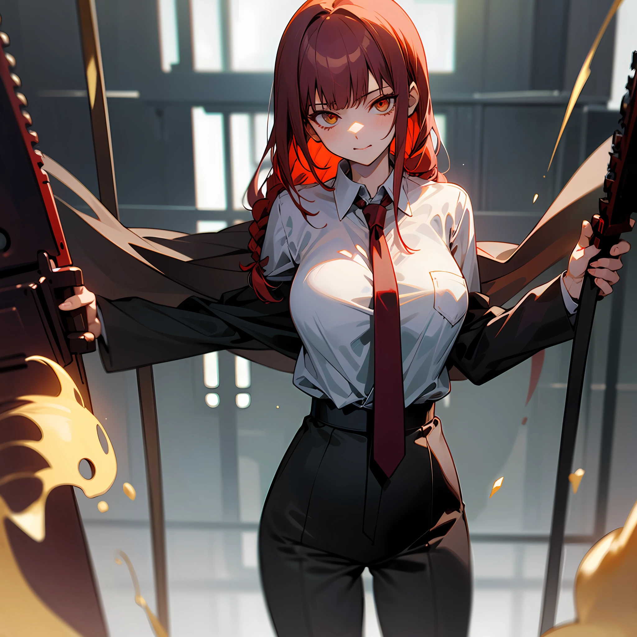 Anime girl with red hair holding a sword and a sword（makima (chainsaw man))  - SeaArt AI