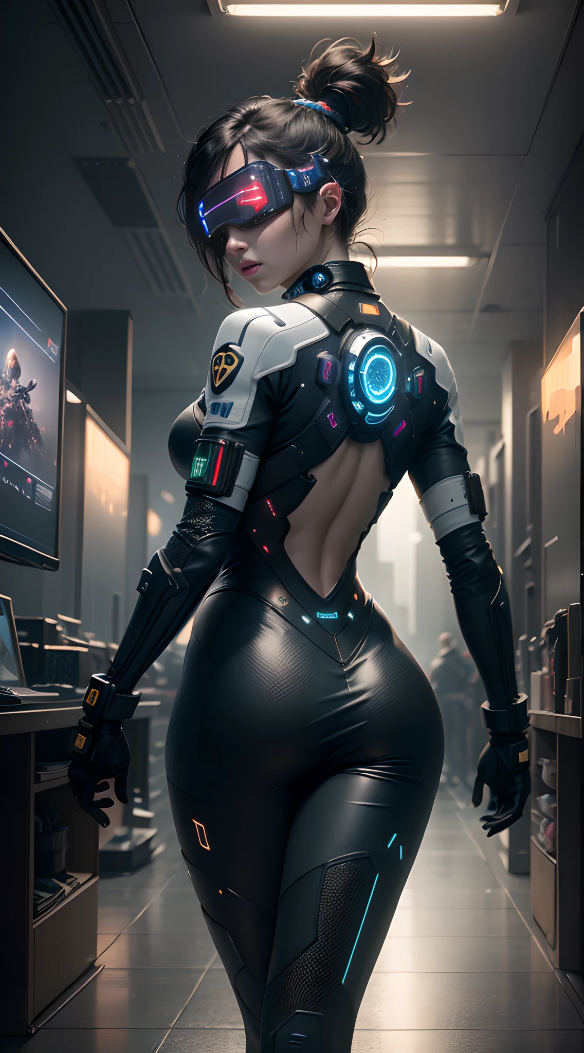 ((Best Quality)), ((Masterpiece)), (Very detailed:1.3), 3D, Beautiful (Cyberpunk:1.3) Female hacker, Mohican hairstyle, back to viewer, thick hair, operating computer terminal, head-mounted display, computer server, LCD screen, fiber optic cable, company logo, HDR (high dynamic range), ray tracing, nvidia RTX, super resolution, Unreal 5, subsurface scattering, PBR texture, post-processing, anisotropic filtering, depth of field, Maximum sharpness and sharpness, multi-layered textures, albedo and highlight maps, surface shading, accurate simulation of light-material interactions, perfect ratios, octane rendering, duotone lighting, low ISO, white balance, rule of thirds, wide aperture, 8K RAW, efficient sub-pixels, subpixel convolution, luminous particles, dynamic pose