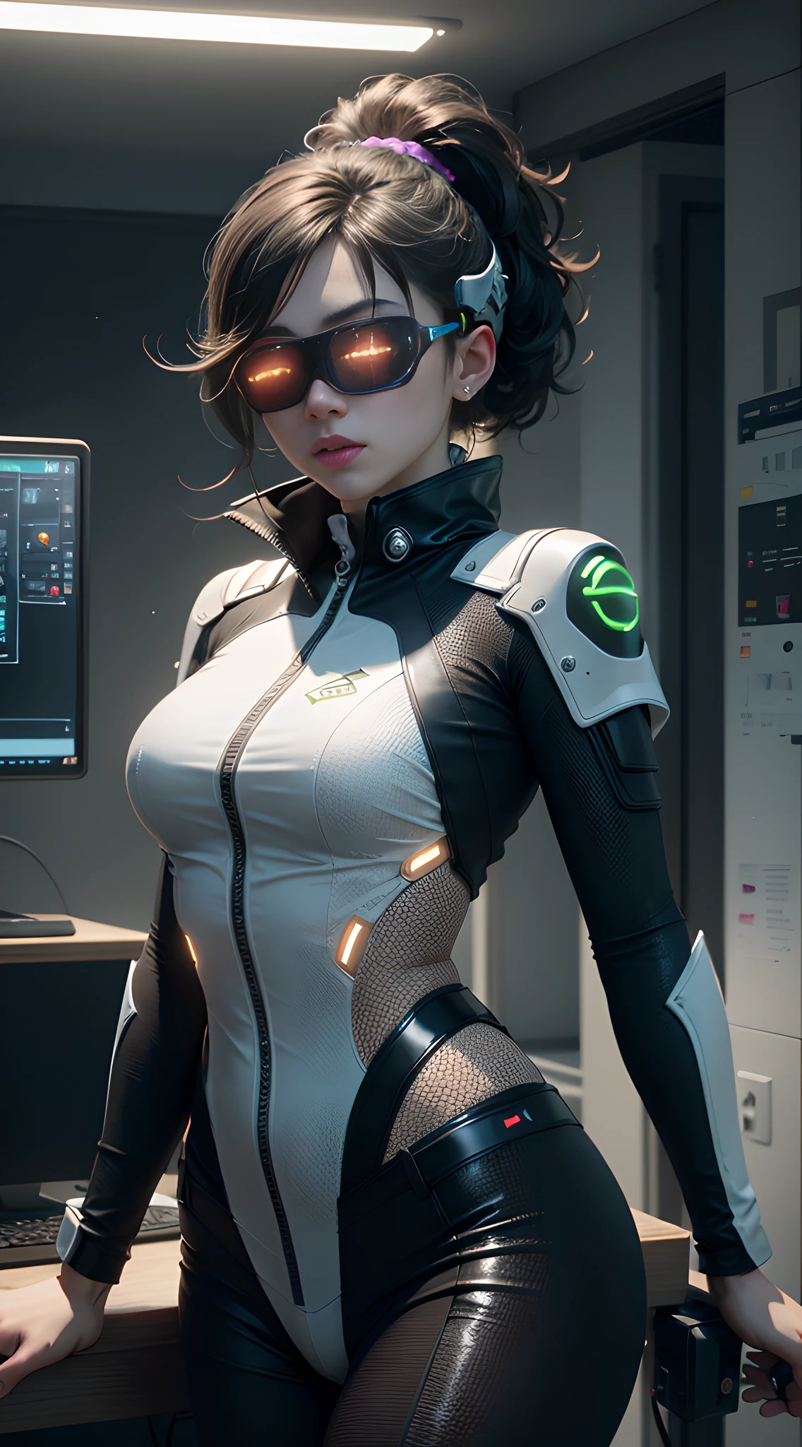 （（bestquality））， （（master masterpiece））， （Very Detail：1.3）， 。.3d， Beautiful （Cyberpunk：1.3） Female hacker，Mohican hairstyle，Looking at the Audience，Thick hair，Operate a computer terminal，Head-mounted display，Computer server，LCD screen，Fiber optic cable，Company logo，hdr（High dynamic range），Ray Tracking，NVIDIA RTX，Super-Resolution，Unreal 5，sub-surface Scattering，PBR textures，Post-processing，Anisotropic filtration，depth of field，Maximum clarity and sharpnesulti-layer textures，Albedo and highlight maps，Surface coloring，Accurately simulate light-material interactions，Perfect proportions，Octane rendering，Duotone illumination，Low ISO，White balance，trichotomy，Wide aperture，8K RAW，Efficient sub-pixel，Subpixel convolution，Luminous particles，Dynamic pose