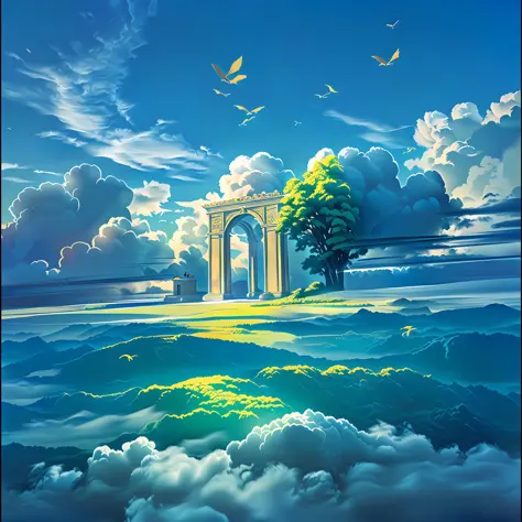 anime scenery of a gate in the middle of a body of water, heaven gate, heaven gate, detailed scenery —width 672, magic portal in...