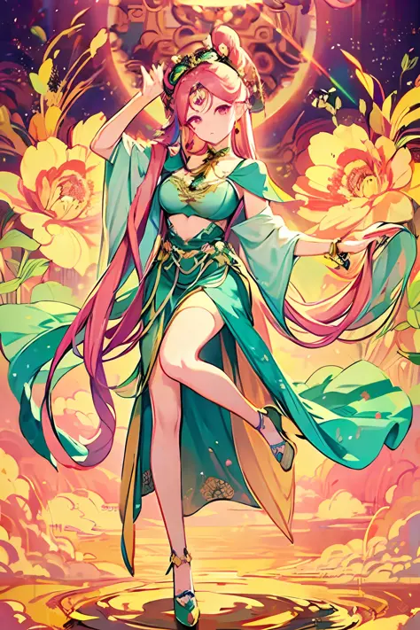 masterpiece, best quality, 1girl, magical girl, long pink hair, detailed dunhuang_cloths, dunhuang_fan, flowers, vivid colors, e...