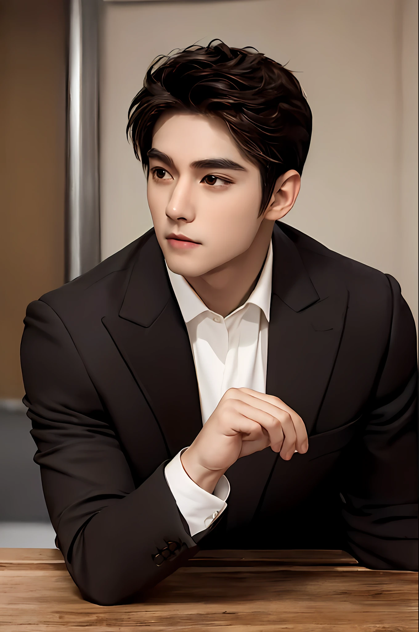 best illustration, best quality, magnificent background, male focus, brown skin, 1 boy, squat, solo, black eyes, look into the audience portrait, short black hair, sitting, asian man, 30 years old rather muscular man in suit, masterpiece, top quality, 8k UHD, digital slr, realistic painting art, thick and dignified curved eyebrows, eyes clear and large, Chiseled face, large nose, broad forehead, brown skin, dark eyes