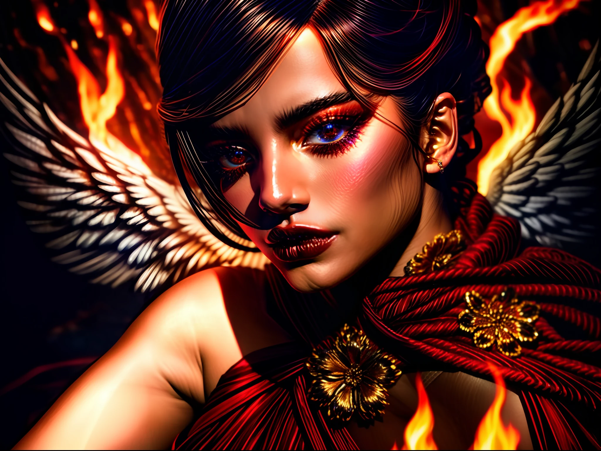 ((非常惊人)) bbw 印度尼西亚 巴厘岛 女孩,
(上半身特写:1.3), 过肩, 细致的眼睛, 细致的脸部, 上身细节, 
"永恒的诱惑": 在火焰翻滚的背景下, 我们迷人的堕落天使屹立不倒, 她的服装是红色和黑色的交响曲. 紧身胸衣, 装饰有复杂的图案和血红色的宝石, 束紧腰部, 凸显她性感的轮廓. 她的裙子飘扬, 采用多层透明面料制作而成, 随着闪烁的火光起舞, 露出她迷人的双腿. 带着既带来快乐又带来危险的目光, 她引诱凡人进入一个难以抗拒的诱惑世界.