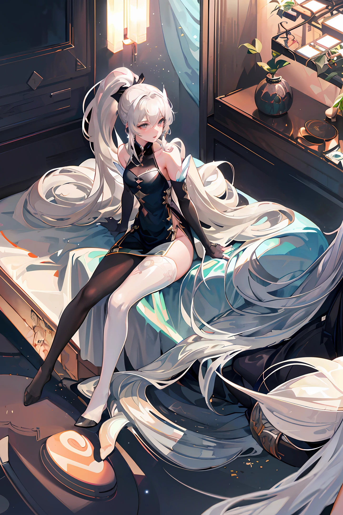 Anime girl sitting on a bed with long white hair - SeaArt AI