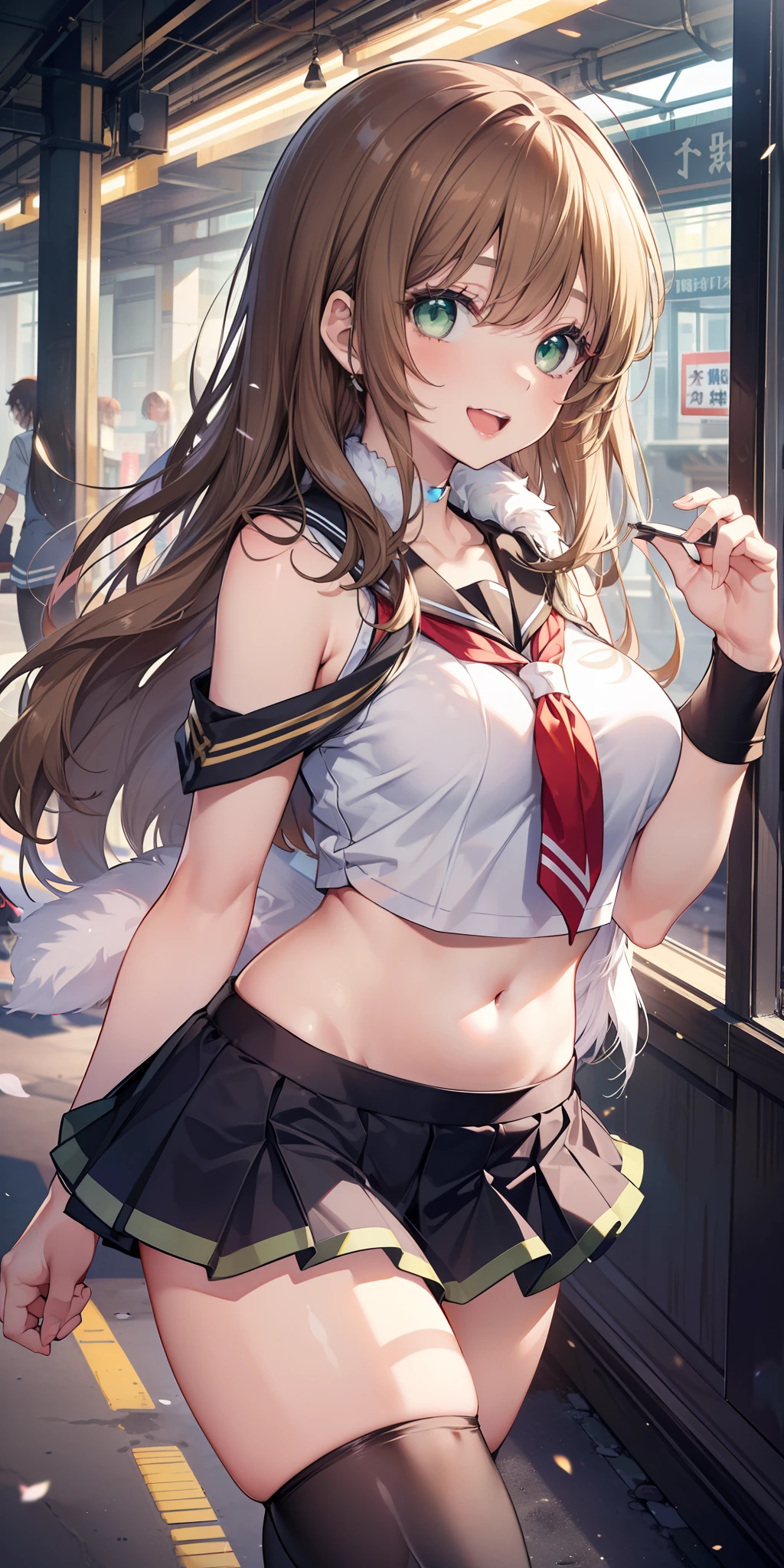 ((masterpiece)), ((best quality)), ((anime profile style)), ((HD 4k)), ((female character)), ((High school girl)), ((Body cute)) , girl, female face, Happy, smiling, open mouth, teeth showing, unkempt lips, ((tanned skin)), brunette, ((Light green eyes)), Eyelid, Pupil, Sclera, Iris, eyebrow , eyelashes , ear, nose, ((fur)), ((long brown hair)), ((hairlights effect)), ((niigata school uniform)), (tights), school shoe, ((effect of lights on clothing)), ((lights effect on body)), neck, shoulders, (thin waist), ((perfect tummy)), arms, ((thick legs)), ((big thigh)), History of Background, ((walking)), details in environment, surrounding objects, ((lighting)), viewer view