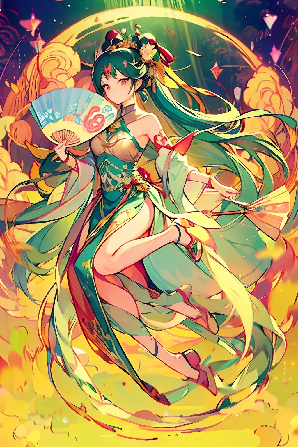 masterpiece, best quality, 1girl, magical girl, long hair, detailed dunhuang_cloths, dunhuang_fan, flowers, vivid colors, expressionless, full body