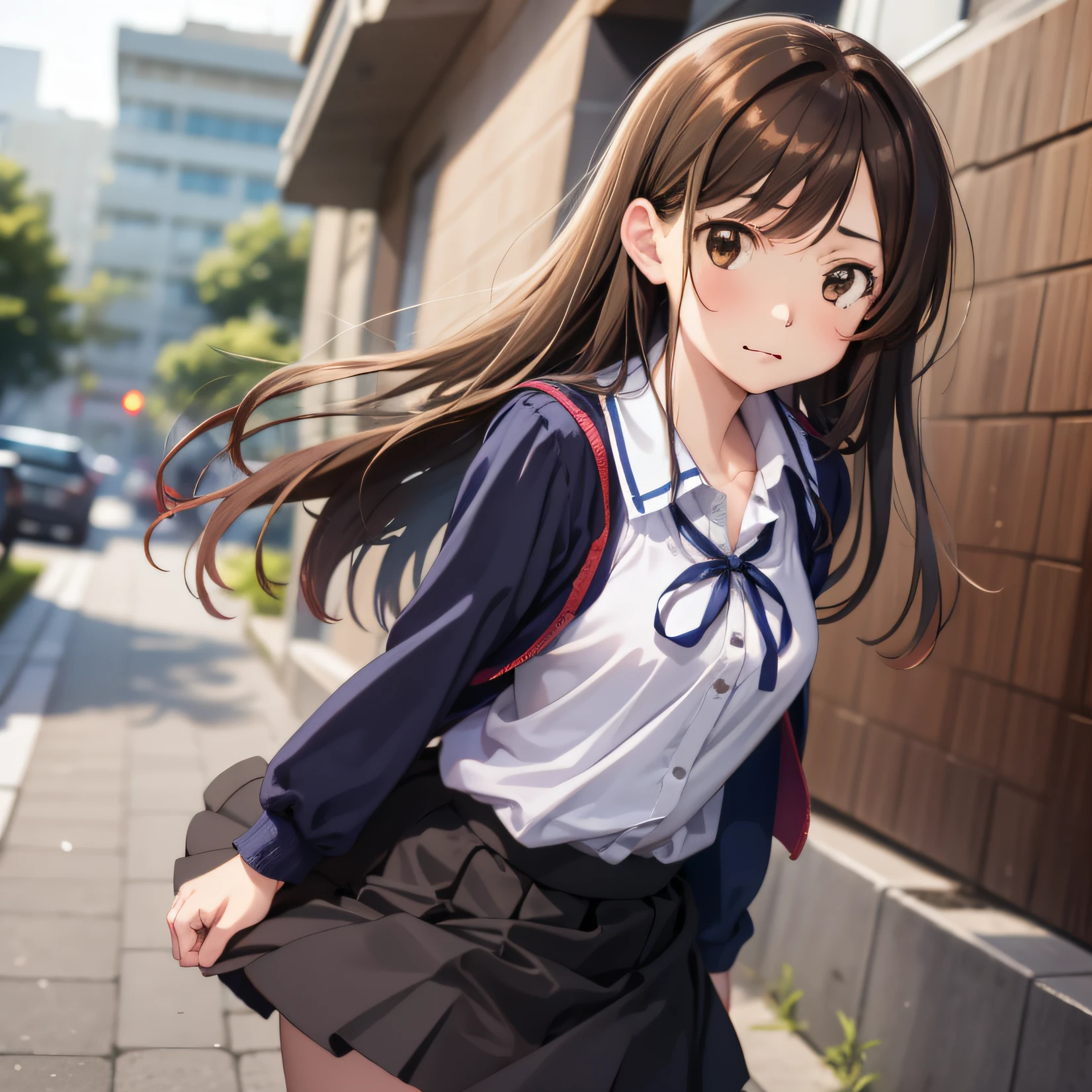 1girl, ,mizuharachizuru, mizuharachizuru, (Brown eyes:1.5), Brown hair, Long hair, pleated skirt,  black legwear,  long hair, blue eyes, cute face, clothes tug, skirt tug, wind, wind lift,