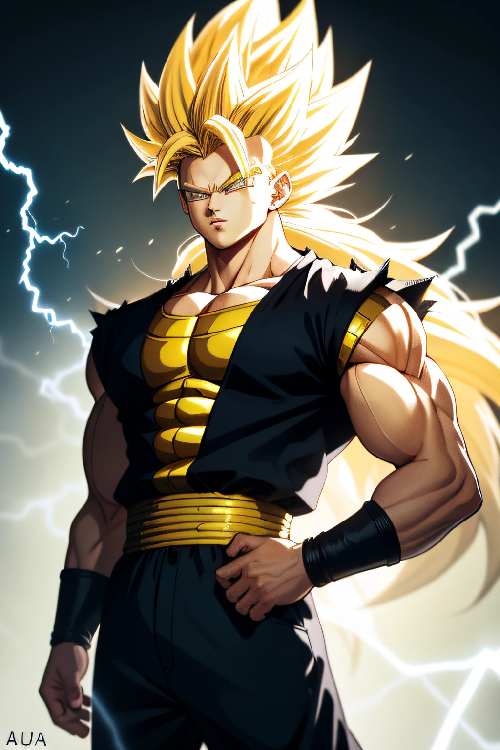 muy detallado, alta calidad, obra maestra, Hermoso, Super Saiyan, 1 chico, solo, tiro de vaquero, pelo rubio, Super Saiyan, pelo de punta, aura, electricidad, gigachad, (pelo largo:1.2)