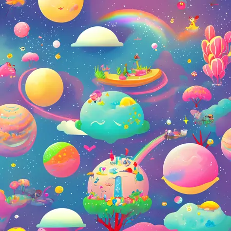 a wonderful happy fantasy planet with rainbows, cotton candy and cute animals