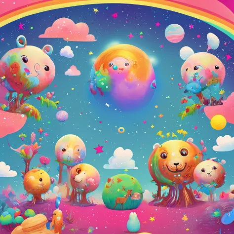 a wonderful happy fantasy planet with rainbows, cotton candy and cute animals