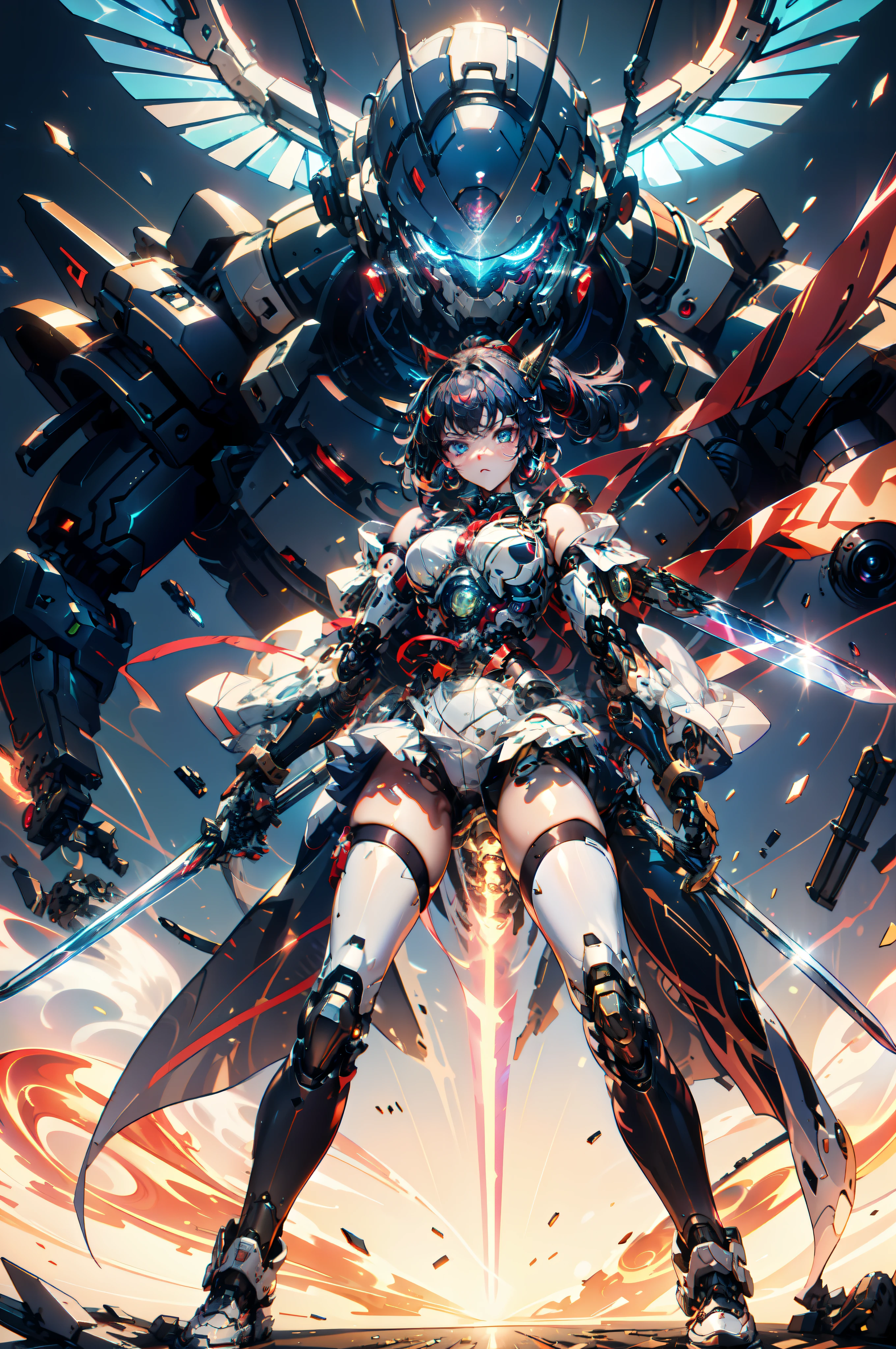 hyper quality, Hyper Detailed,Perfect drawing,Solo, Beautiful Girl, ​master piece, (mecha musume), Mechanical armor, Headgear, mechanical wings, holding huge gunSamurai wielding a sword, Black ponytail, Hair tied up with a large red ribbon, Equipped with two Japan swords ((extra huge oversize cool samurai_sword in hands, extra huge cool weapon machine)), open stance, actionpose,purgatory,