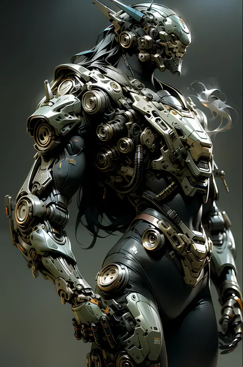 a beautiful woman cyborg warrior in the Style-RustMagic, cyberpunk augmentation, cyberware, cyborg, carbon fiber, chrome, implants, metal skull, cyber plate armor, (dark atmosphere:1.2), (fog & smoke), (dark night:1.3), scars, (dark medium length dishevele...