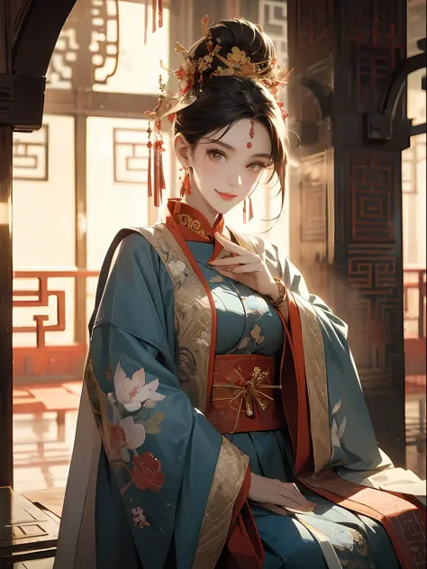 best quailty，tmasterpiece，超高分辨率，1girlhugebreasts，((Black coiled hair))，Golden eyes，Frontal photo，Close-up of，Hanfu，Light blue pl...