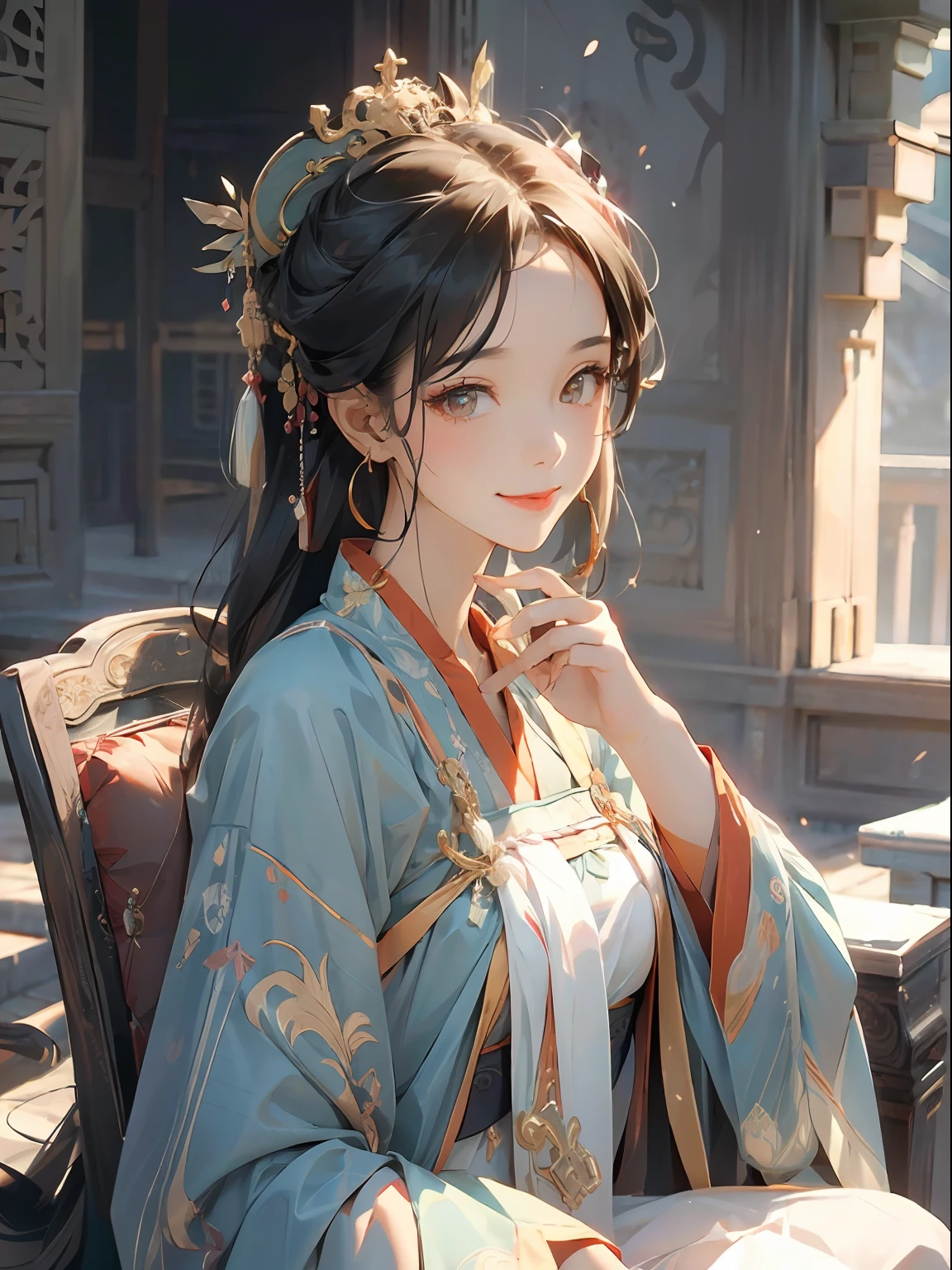 best quailty，tmasterpiece，Ultra-high resolution，1girlhugebreasts，((Black coiled hair))，Golden eyes，Frontal photo，Close-up of，Hanfu，Light blue plain，Covered with a layer of white light tulle，He wears a gold coat on his head，Wear long earrings on your ears，There is a bracelet on the wrist，Sit in a chair，She has a beautiful face，The brow curve is slender，The eyes are bright and gentle。Smiling，Scenes：Inside an ancient Chinese room，