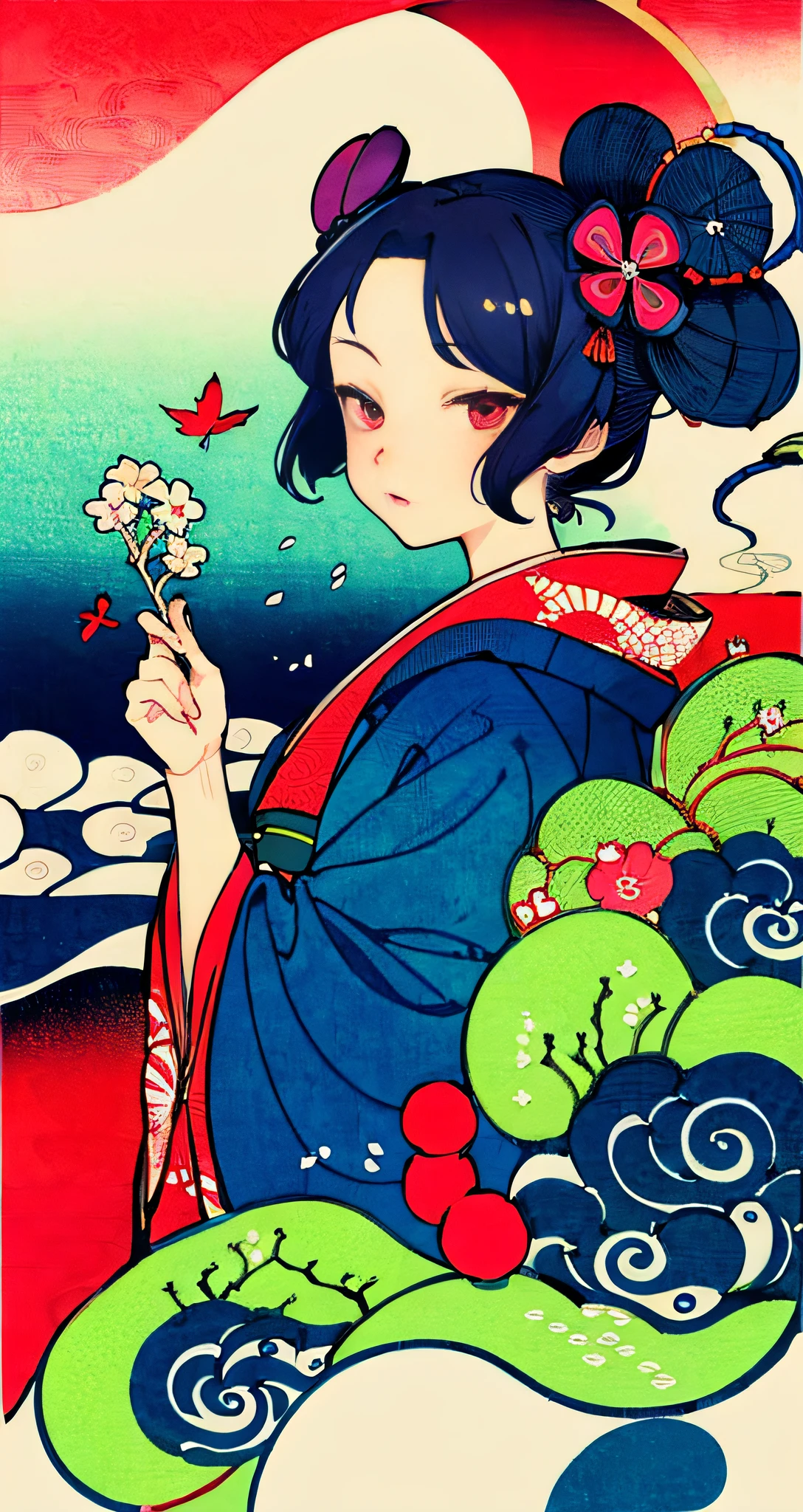 {{{Ukiyo-e_style}}},{{flat_style}},{simple_colors},{{{masterpiece}}},{katsushika_hokusai},long_hair,hair_flower,{{black_hair}},red_eyes,red_sky,{chinoiserie},{{{best_quality}}},kimono,{{ultra-detailed}},{illustration},Maple_leaves_flying,{{1girl}},{{{solo}}},{{an_extremely_delicate_and_beautiful}},blank_stare,close_to_viewer,{breeze},{Flying_splashes},{Flying_petals},wind,{Gorgeous and rich graphics}