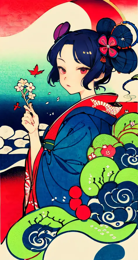 {{{Ukiyo-e_style}}},{{flat_style}},{simple_colors},{{{masterpiece}}},{katsushika_hokusai},long_hair,hair_flower,{{black_hair}},r...