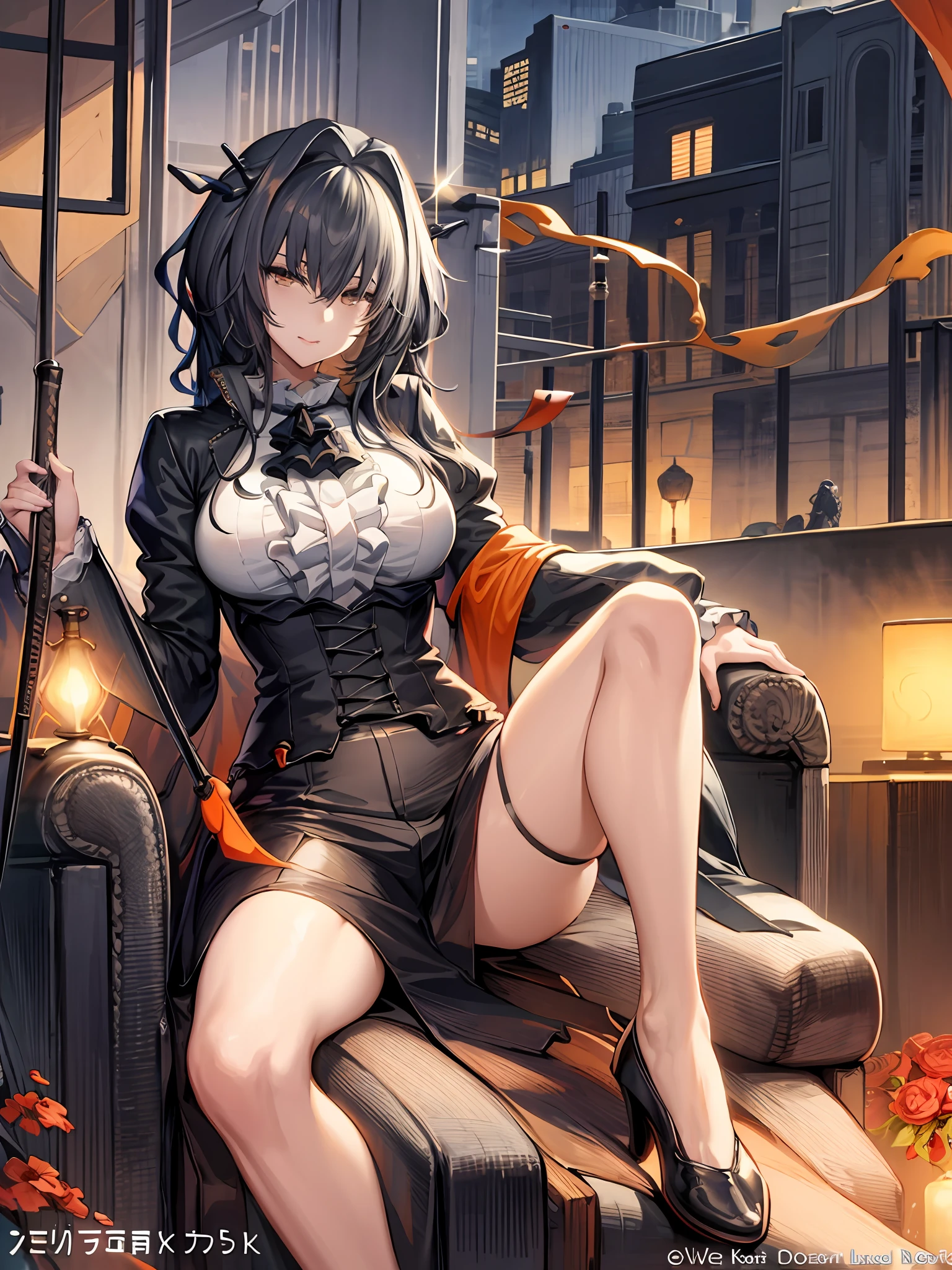 Anime girl sitting on chair with flower pot in hand, cute anime huaifu in beautiful clothes, beautiful and seductive anime woman, epic light novel art cover, 8k high quality detail art, epic light novel cover art, beautiful anime girl, beautiful anime woman, detailed key anime art, seductive anime girl, anime goddess, beautiful fantasy anime, 4K