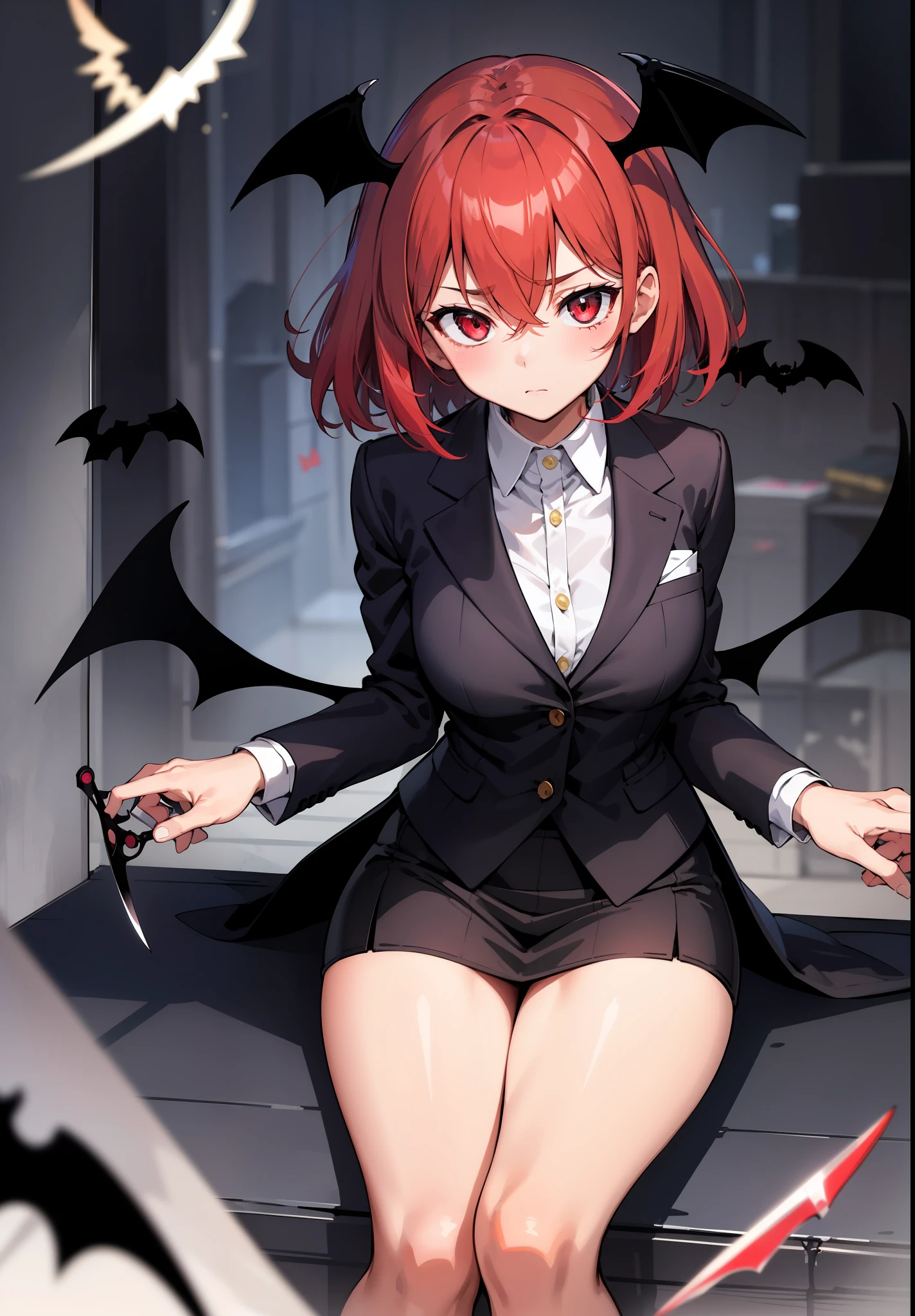 tmasterpiece，high high quality，1girlhugebreasts，solo，mideum breasts，short haircut，whaite hair，red - eyed，（hair between eye），（00BFFE sprite scissors），Bat wings，Disappointed face，akimbo，looking looking at viewer，（Business suit）